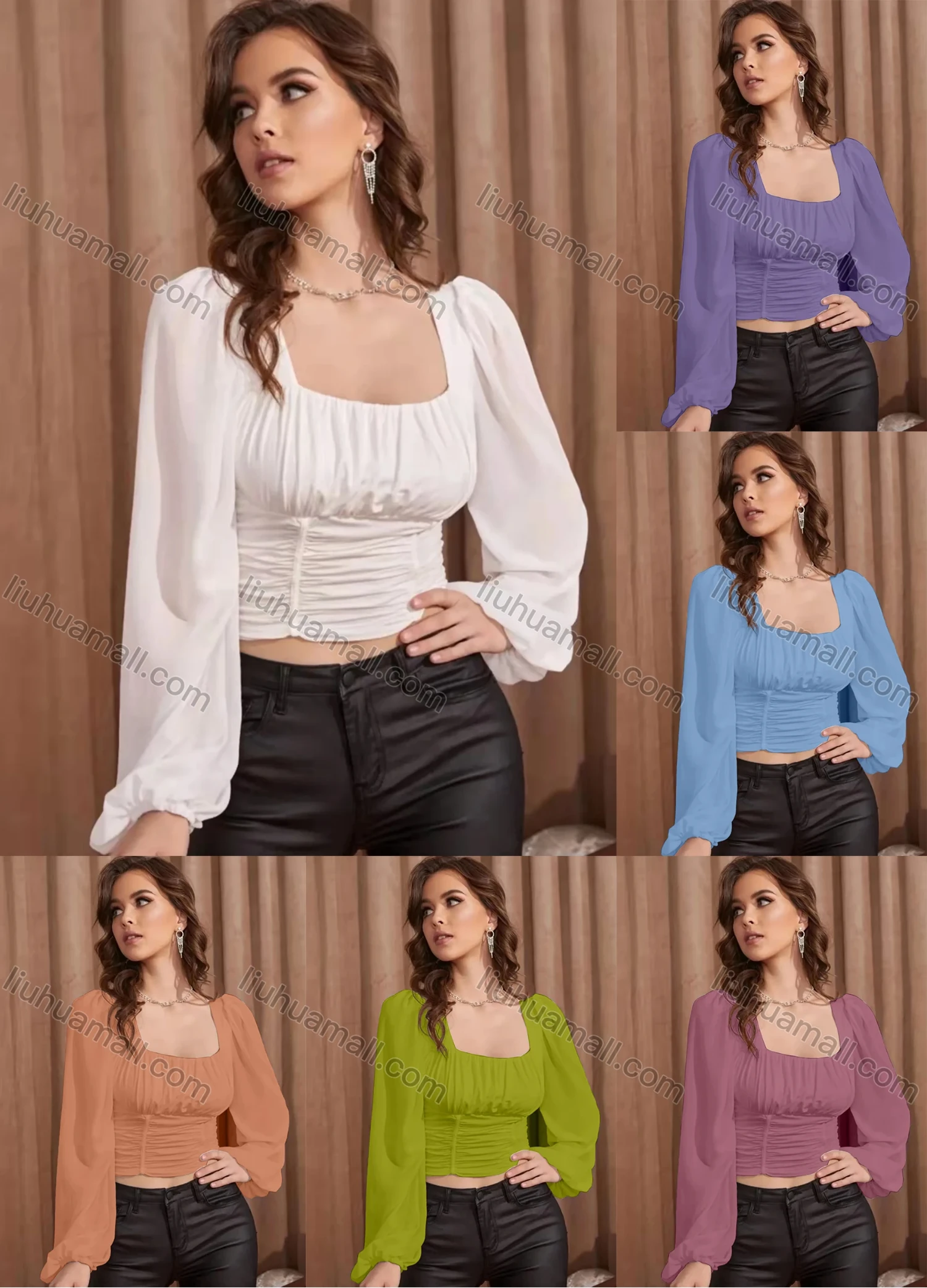 Wholesale Women's Square Neck Bishop Sleeve Ruched Plain Crop Blouse AY093# - Liuhuamall