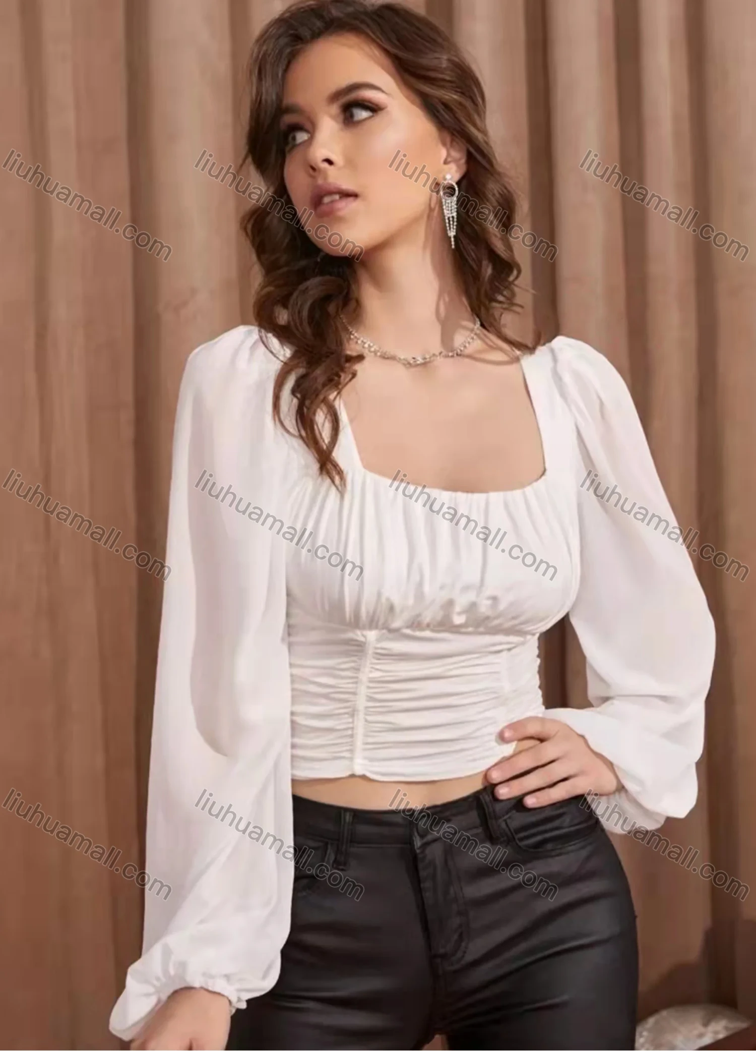 Wholesale Women's Square Neck Bishop Sleeve Ruched Plain Crop Blouse AY093# - Liuhuamall