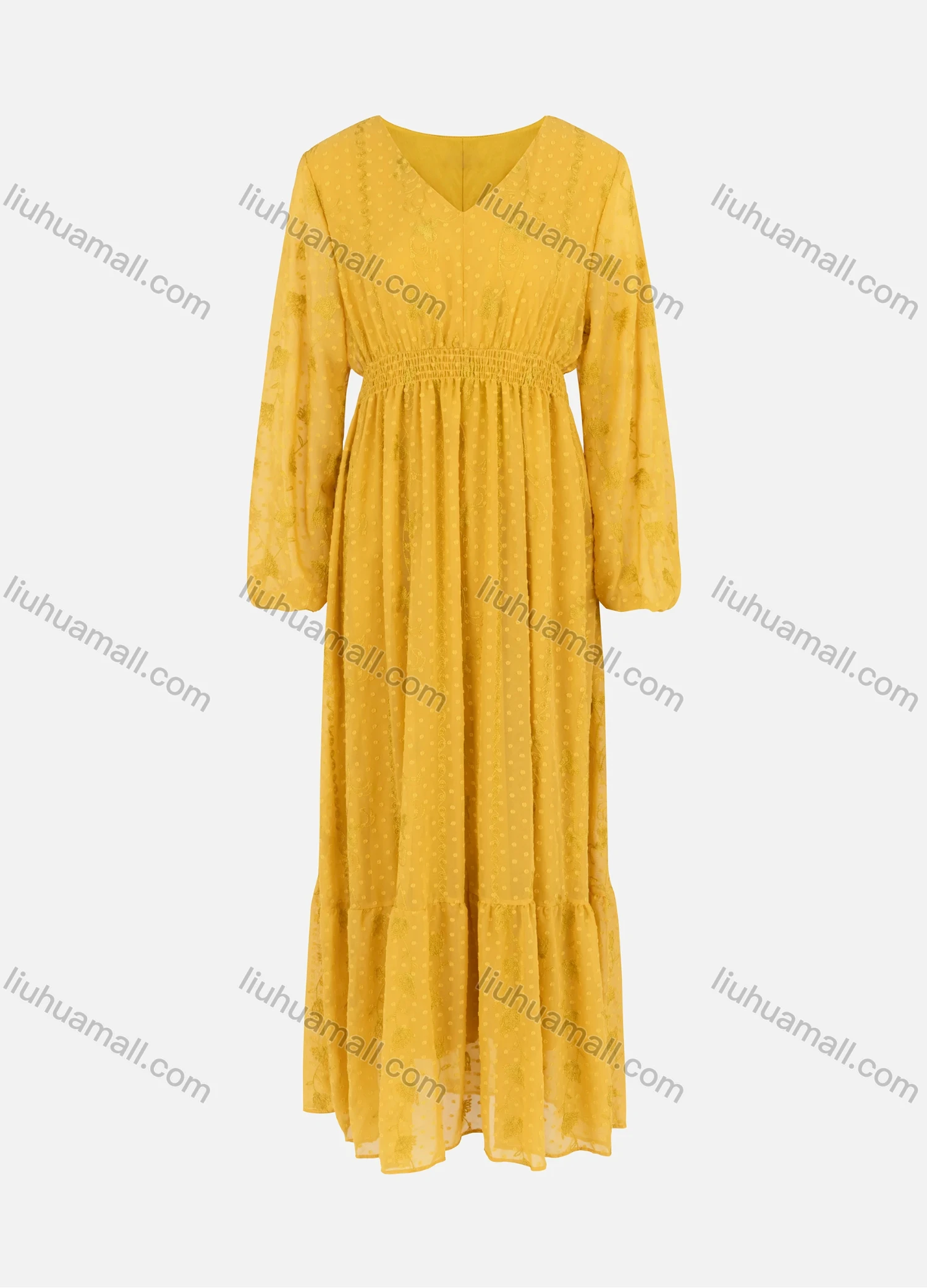 Wholesale Women's Casual Elegant V Neck Long Sleeve Plain Swiss Dot Lace Embroidery Elastic Waist Maxi Dress - Liuhuamall