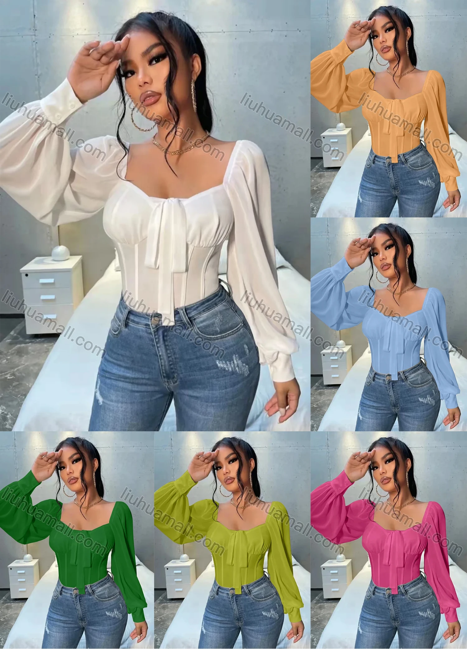 Wholesale Women's Sweetheart Neck Lantern Sleeve Bow Tie Buttons Open Back Plain Blouse AY094# - Liuhuamall