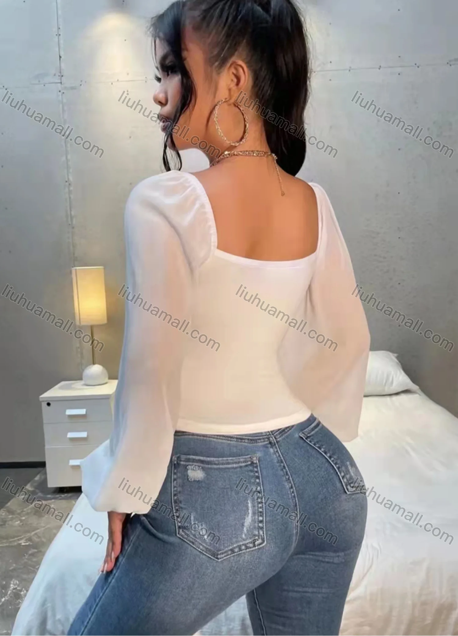 Wholesale Women's Sweetheart Neck Lantern Sleeve Bow Tie Buttons Open Back Plain Blouse AY094# - Liuhuamall