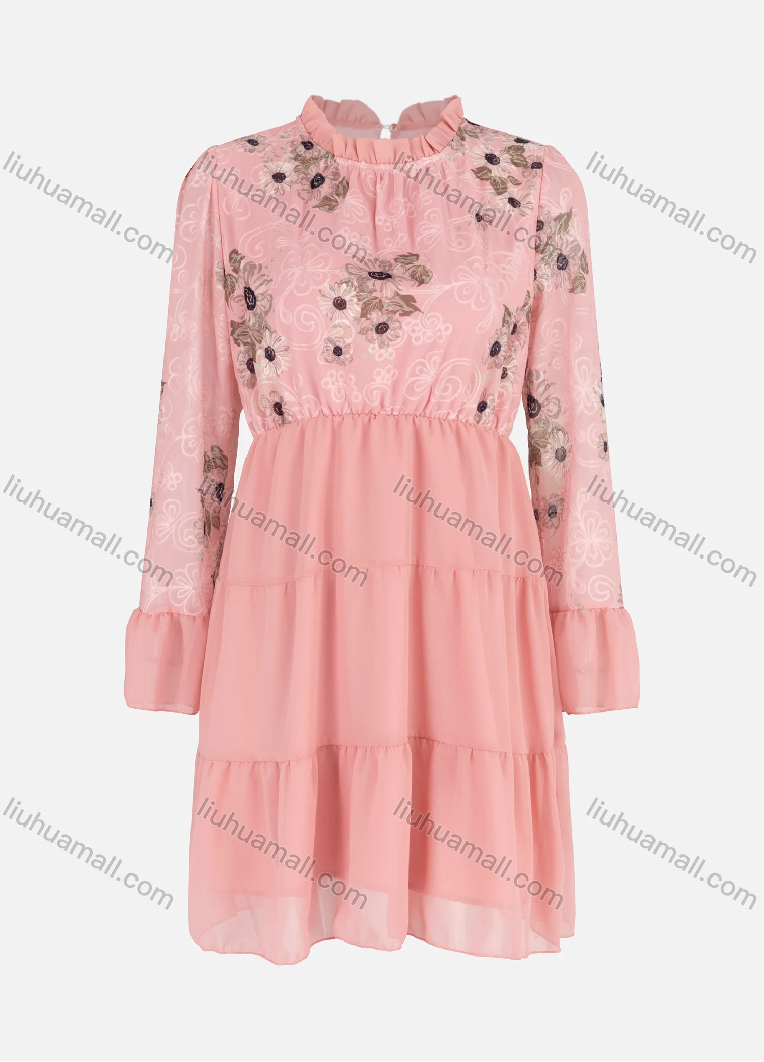 Wholesale Women's Elegant Ruffle Neck Long Sleeve Floral Print Chiffon Short Dress - Liuhuamall