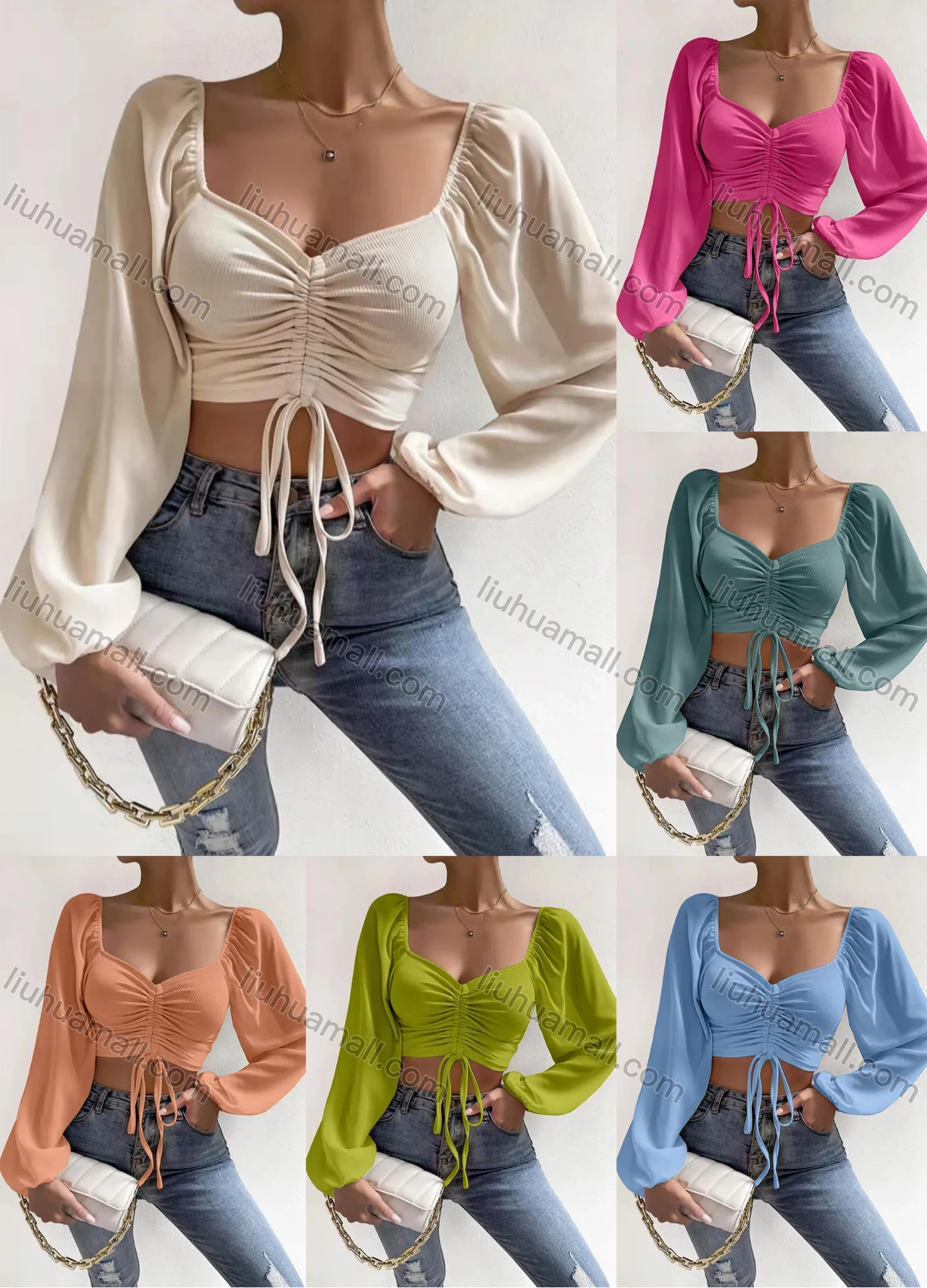 Wholesale Women's Sweetheart Neck Lantern Sleeve Drawstring Ruched Plain Crop Blouse AY095# - Liuhuamall