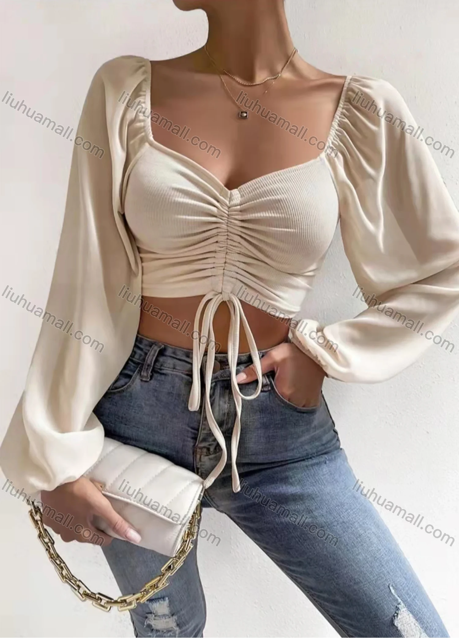 Wholesale Women's Sweetheart Neck Lantern Sleeve Drawstring Ruched Plain Crop Blouse AY095# - Liuhuamall