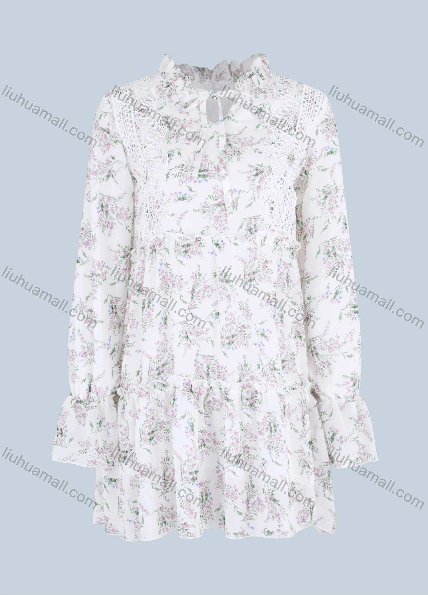 Wholesale Women's Elegant Ruffle Neck Long Sleeve Tie Front Floral Print Guipure Lace Chiffon Short Dress - Liuhuamall