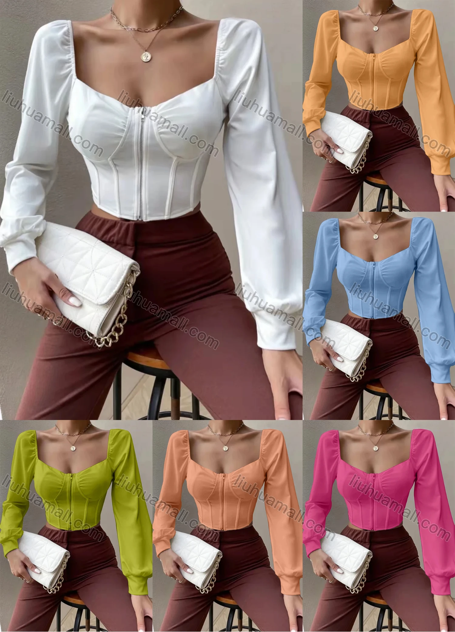 Wholesale Women's Square Neck Lantern Sleeve Zipper Front Plain Crop Blouse AY096# - Liuhuamall