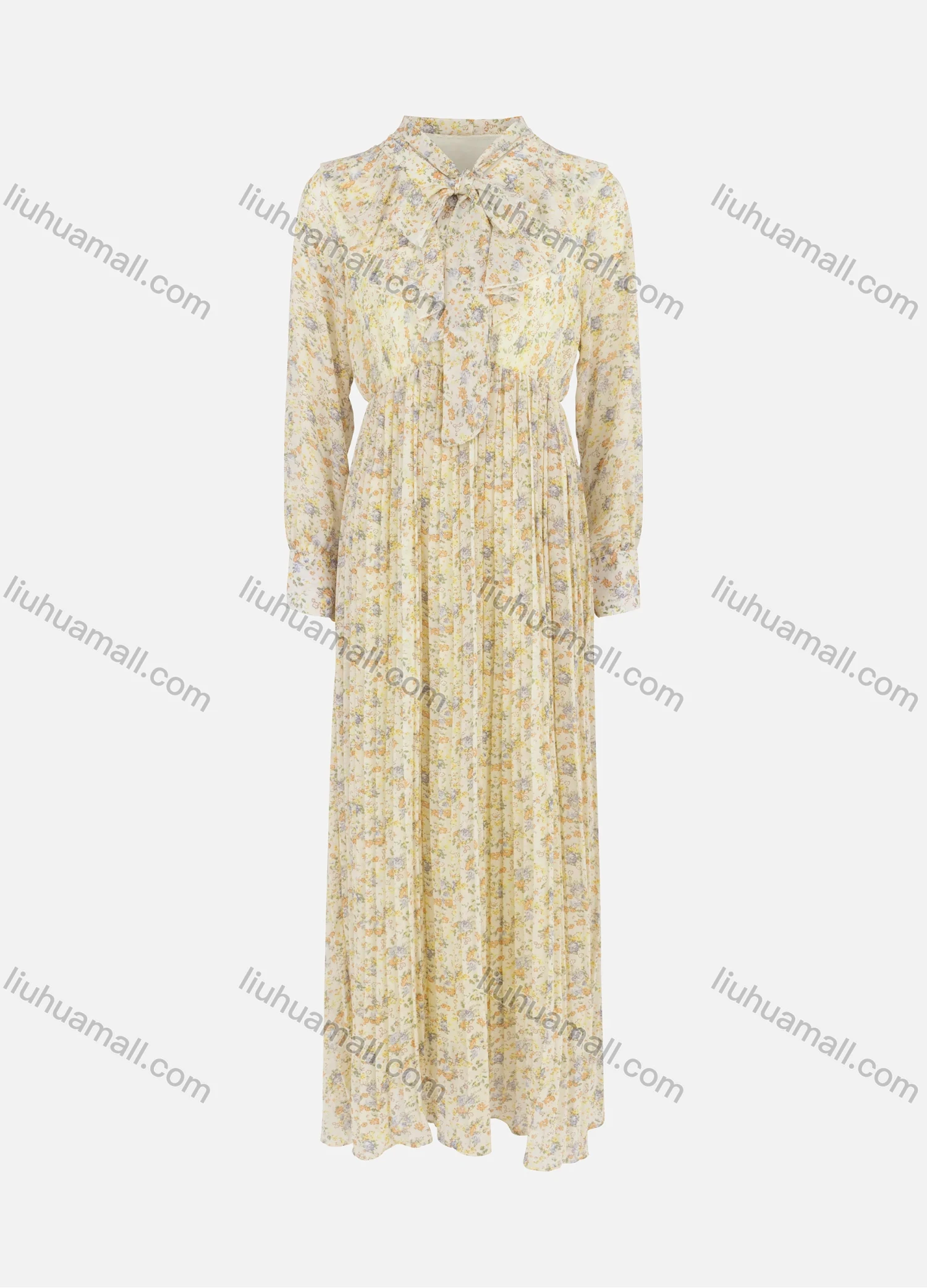 Wholesale Women's Elegant Long Sleeve Floral Print Pleated Hem Maxi Chiffon Dress - Liuhuamall