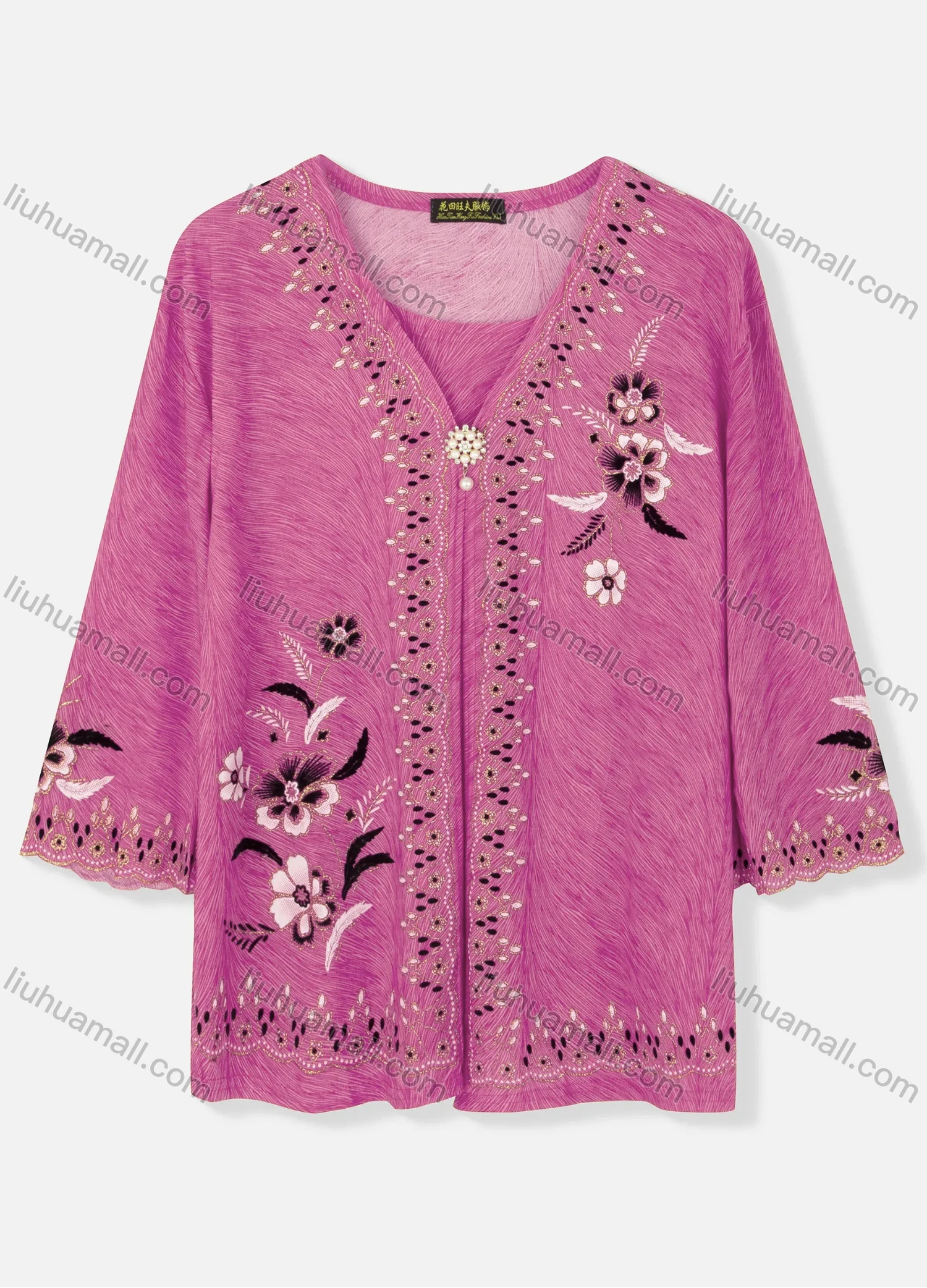 Wholesale Women's Casual V Neck Floral Print Pearl Decor 3/4 Sleeve Cardigan - Liuhuamall