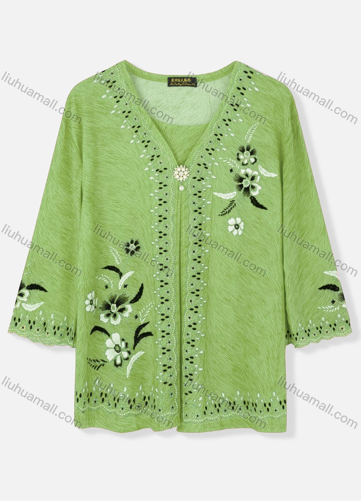 Wholesale Women's Casual V Neck Floral Print Pearl Decor 3/4 Sleeve Cardigan - Liuhuamall