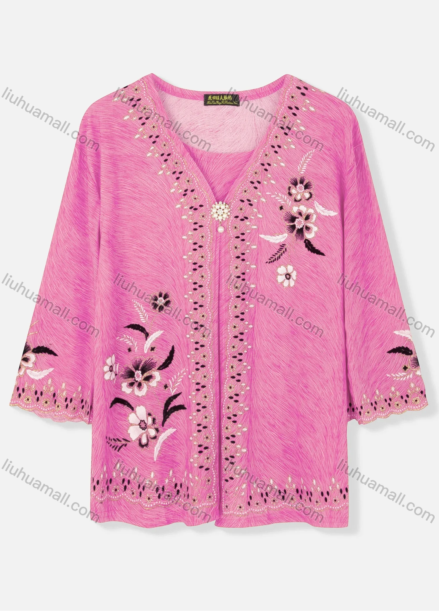 Wholesale Women's Casual V Neck Floral Print Pearl Decor 3/4 Sleeve Cardigan - Liuhuamall