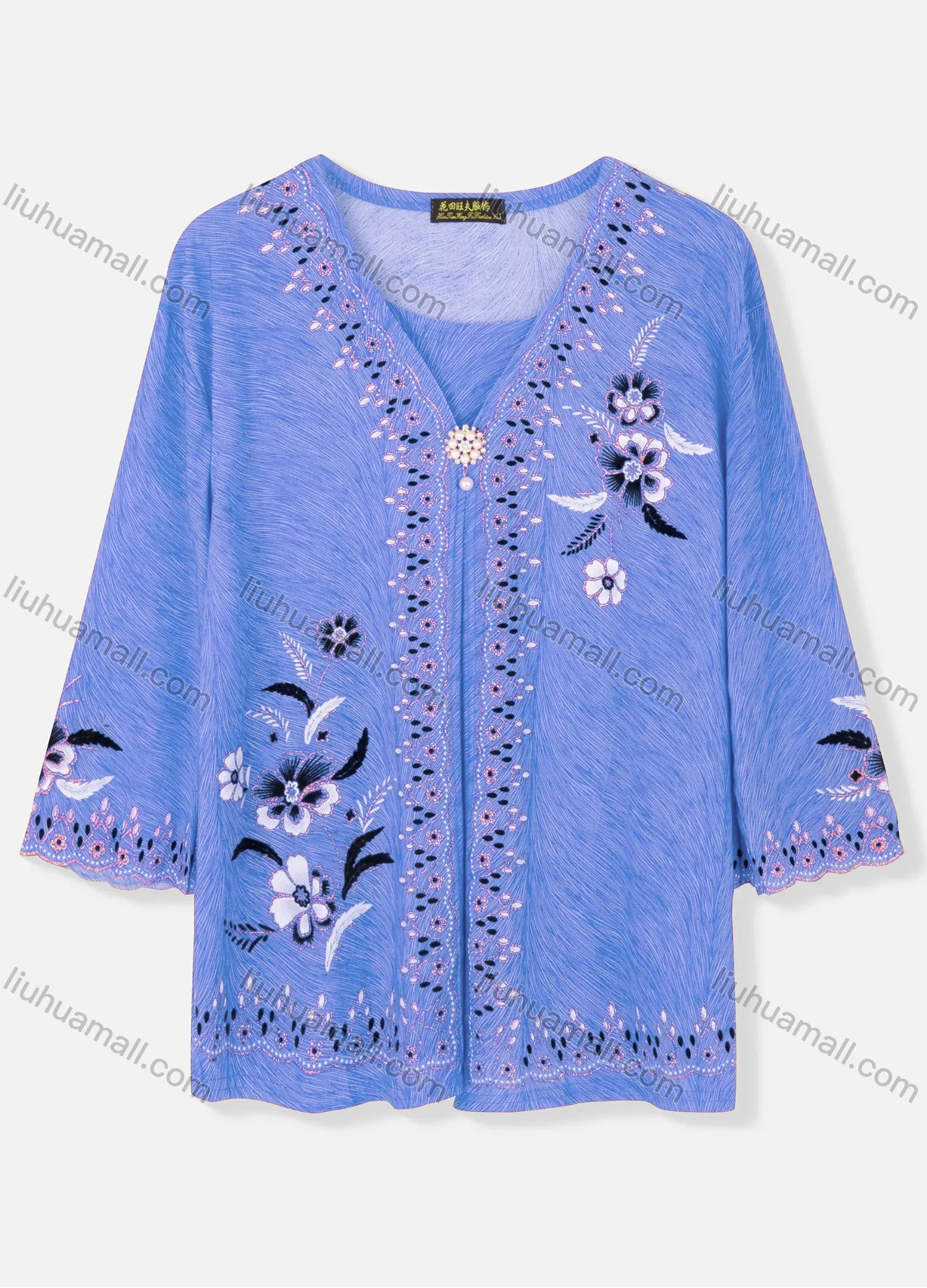 Wholesale Women's Casual V Neck Floral Print Pearl Decor 3/4 Sleeve Cardigan - Liuhuamall
