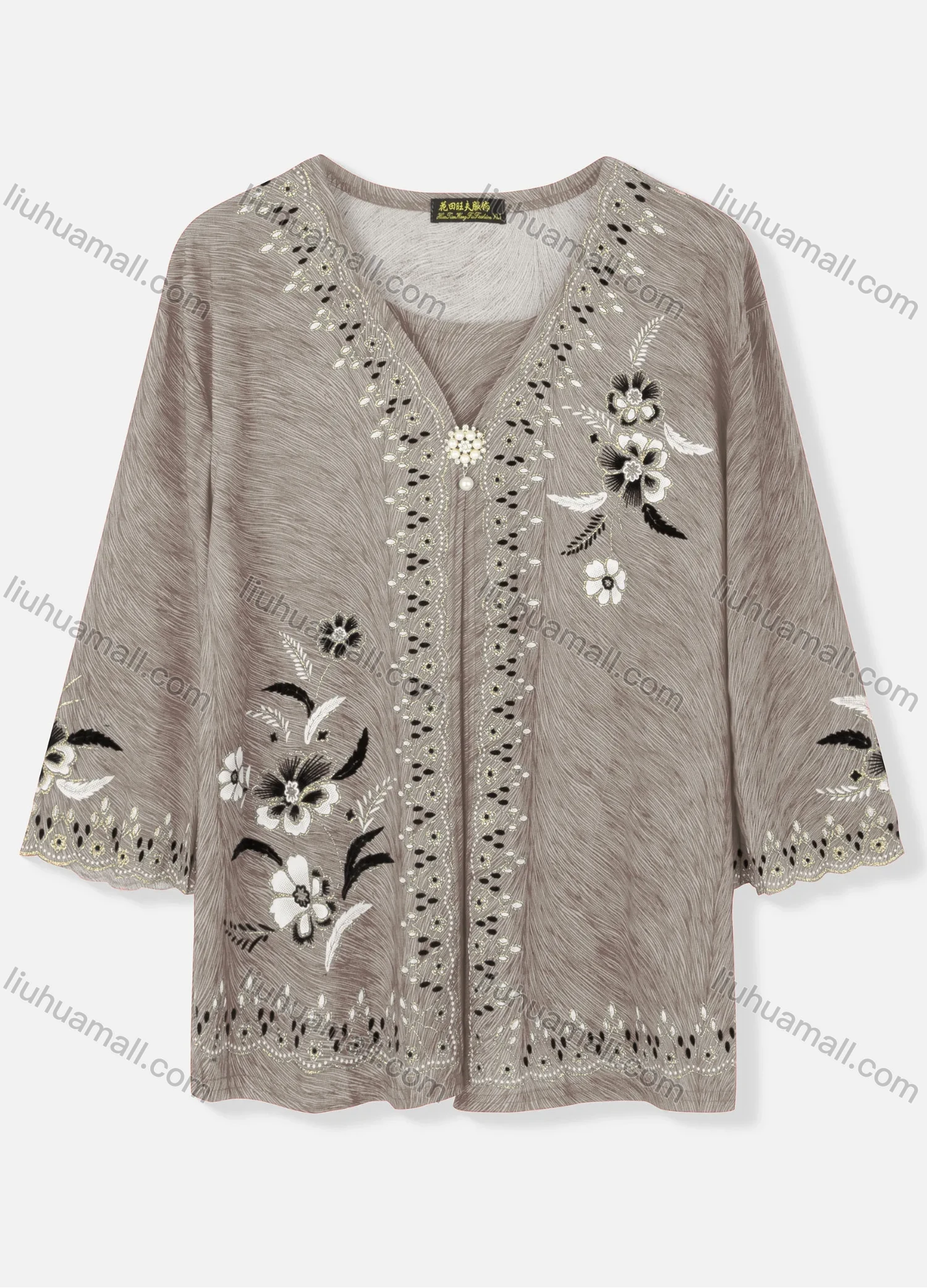 Wholesale Women's Casual V Neck Floral Print Pearl Decor 3/4 Sleeve Cardigan - Liuhuamall