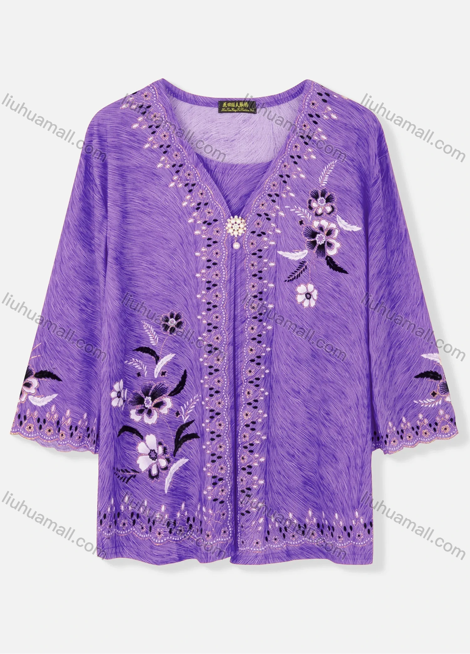 Wholesale Women's Casual V Neck Floral Print Pearl Decor 3/4 Sleeve Cardigan - Liuhuamall