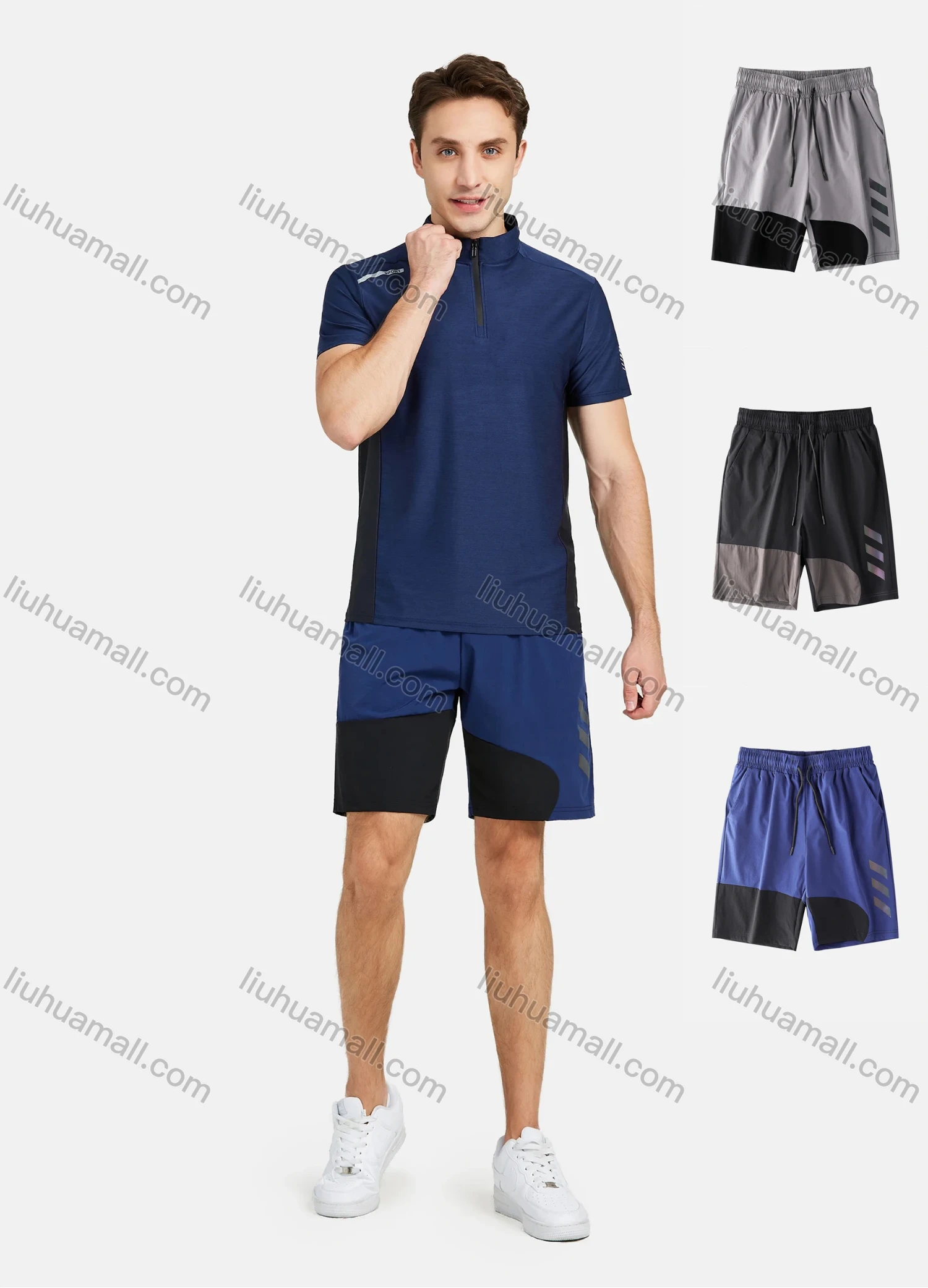 Wholesale Men's Athletic Workout Reflective Stripes Colorblock Shorts With Zipper Pockets - Liuhuamall