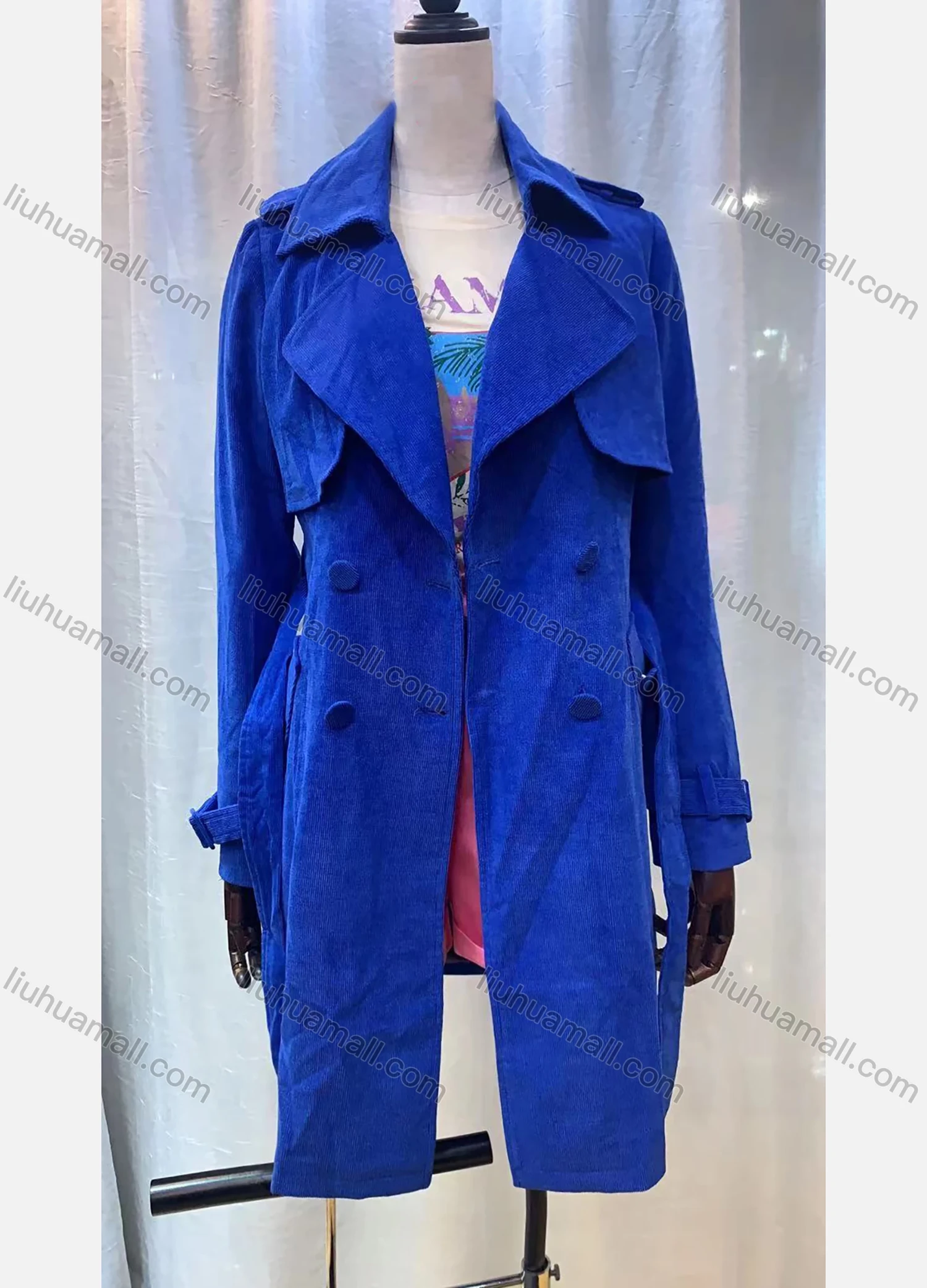 Wholesale Women's Lapel Straps Buttons Belted Plain Mid Length Trench Coat - Liuhuamall