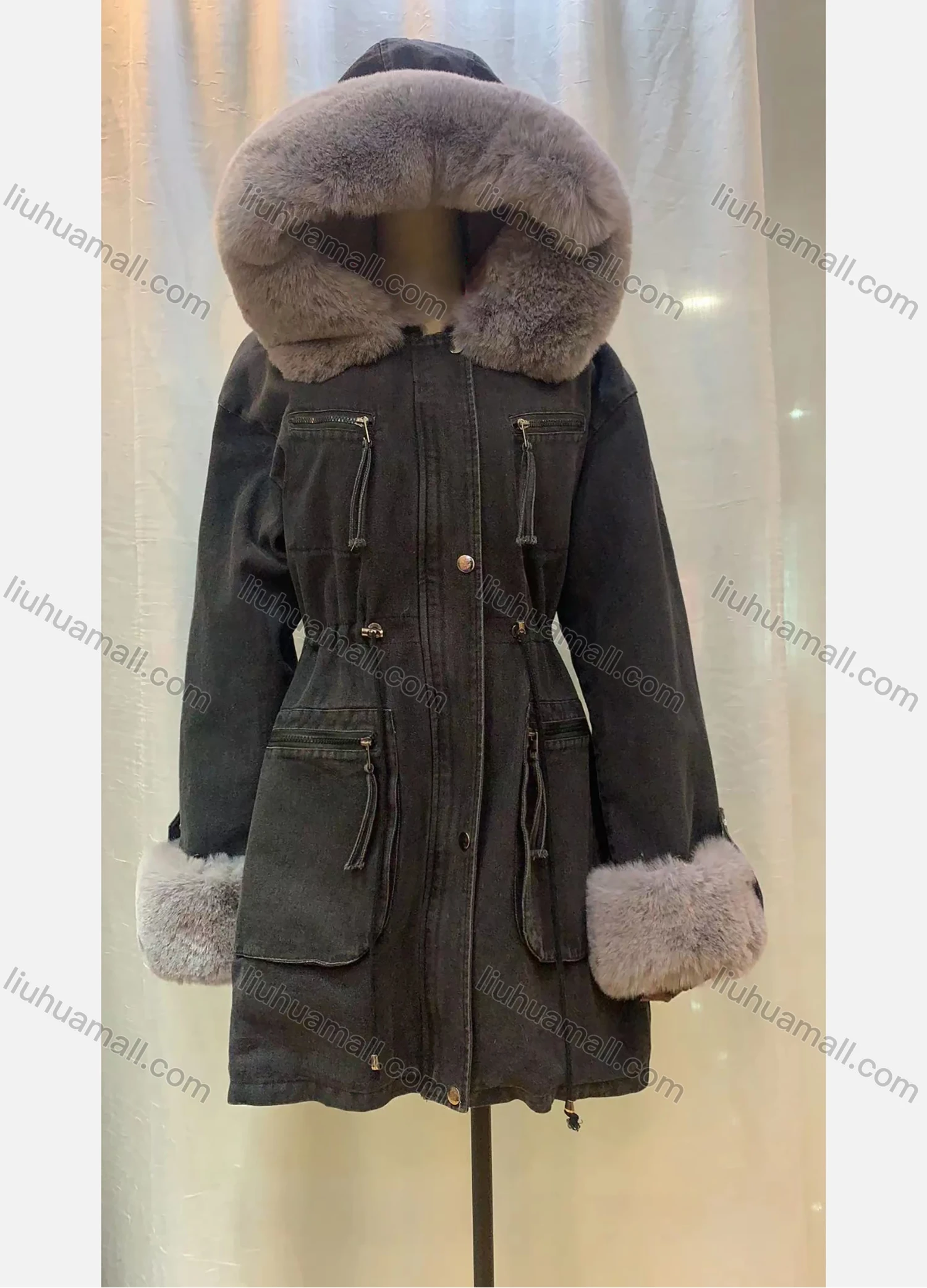 Wholesale Women's Hooded Fleece Lined Pockets Buttons Belted Buckled Cuff Mid Length Denim Denim Coat - Liuhuamall