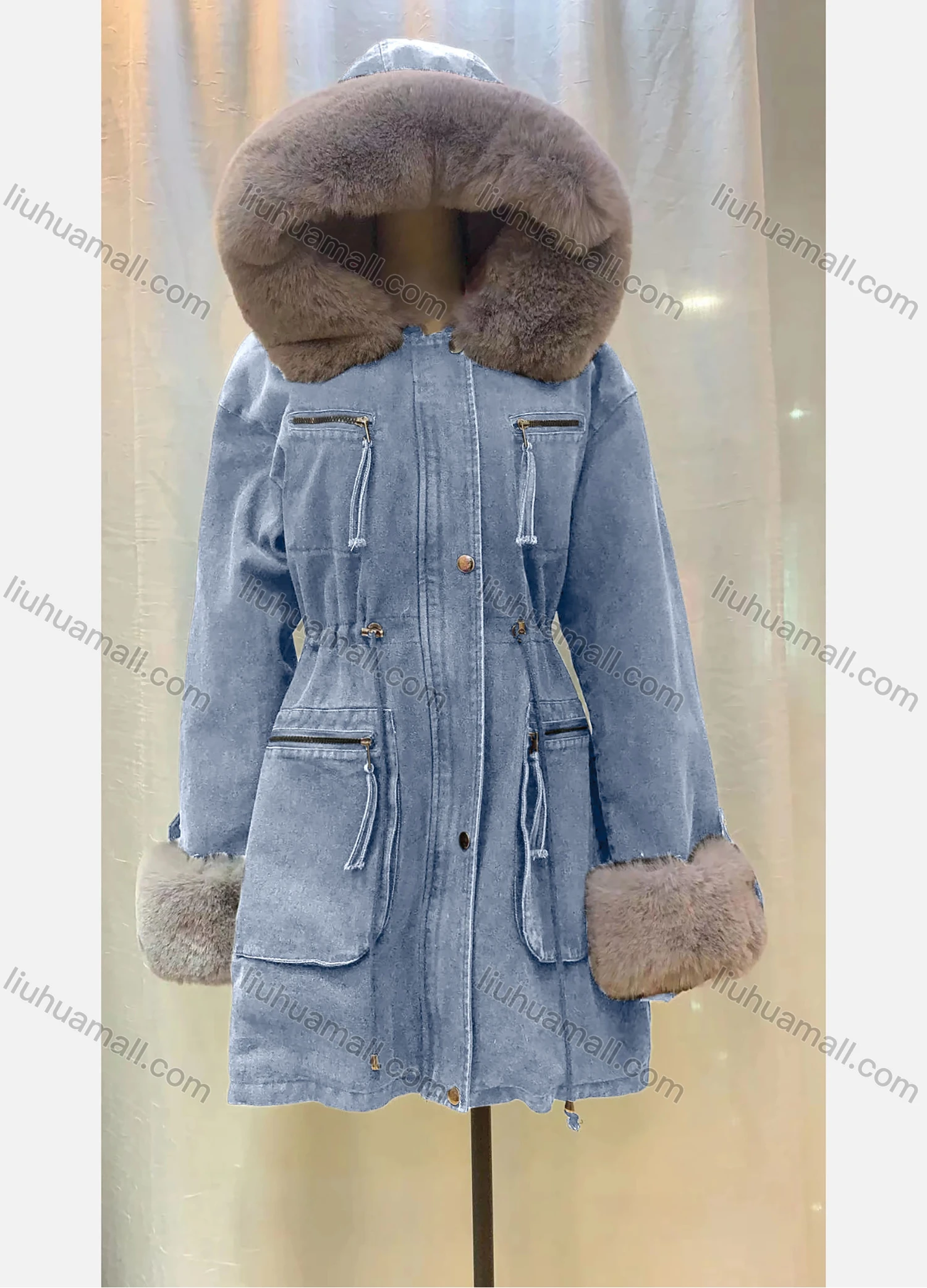 Wholesale Women's Hooded Fleece Lined Pockets Buttons Belted Buckled Cuff Mid Length Denim Denim Coat - Liuhuamall