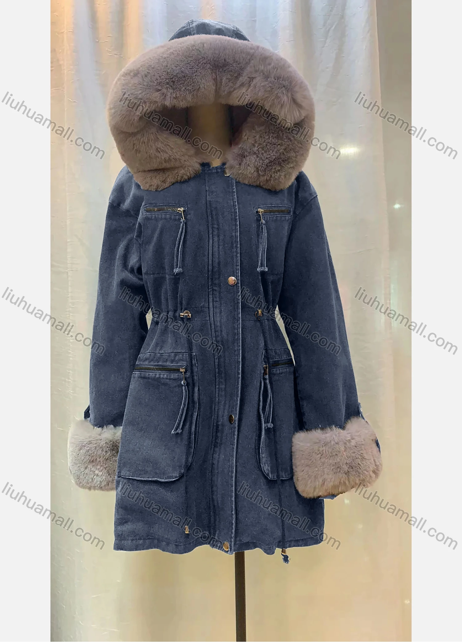 Wholesale Women's Hooded Fleece Lined Pockets Buttons Belted Buckled Cuff Mid Length Denim Denim Coat - Liuhuamall