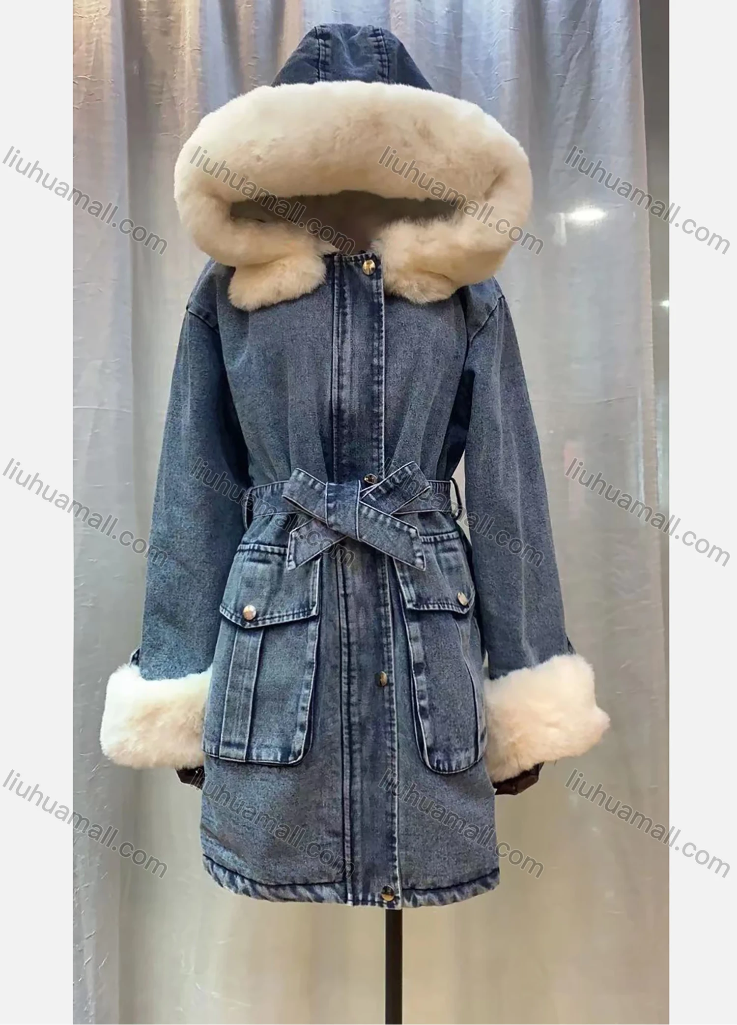 Wholesale Women's Hooded Fleece Lined Flap Pockets Buttons Belted Buckled Cuff Midi Denim Coat - Liuhuamall