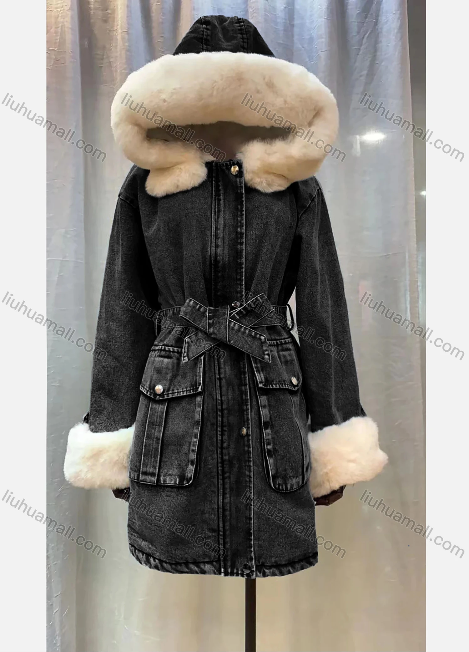 Wholesale Women's Hooded Fleece Lined Flap Pockets Buttons Belted Buckled Cuff Midi Denim Coat - Liuhuamall