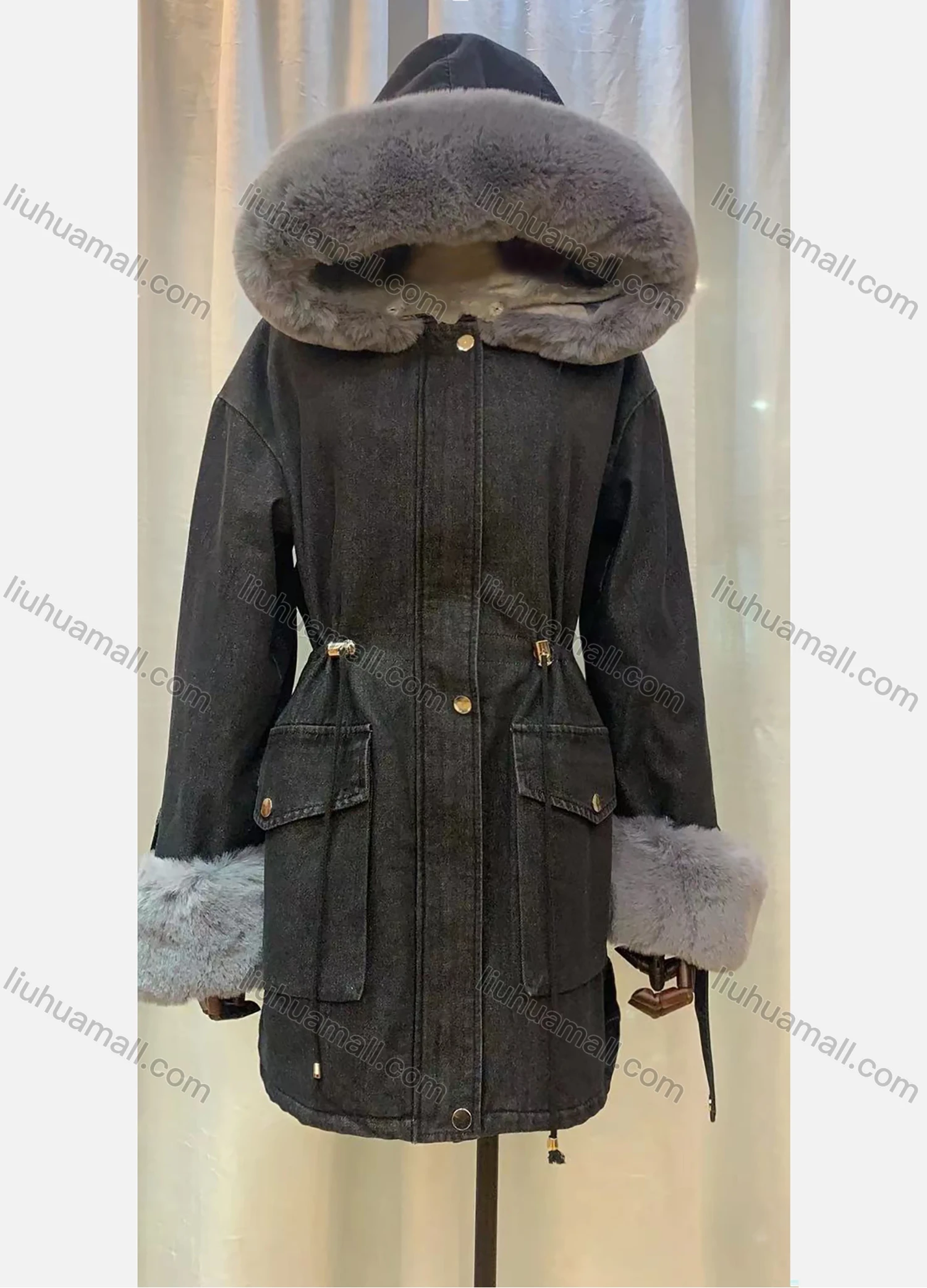 Wholesale Women's Hooded Fleece Lined Buttons Drawstring Flap Pockets Mid Length Denim Coat - Liuhuamall