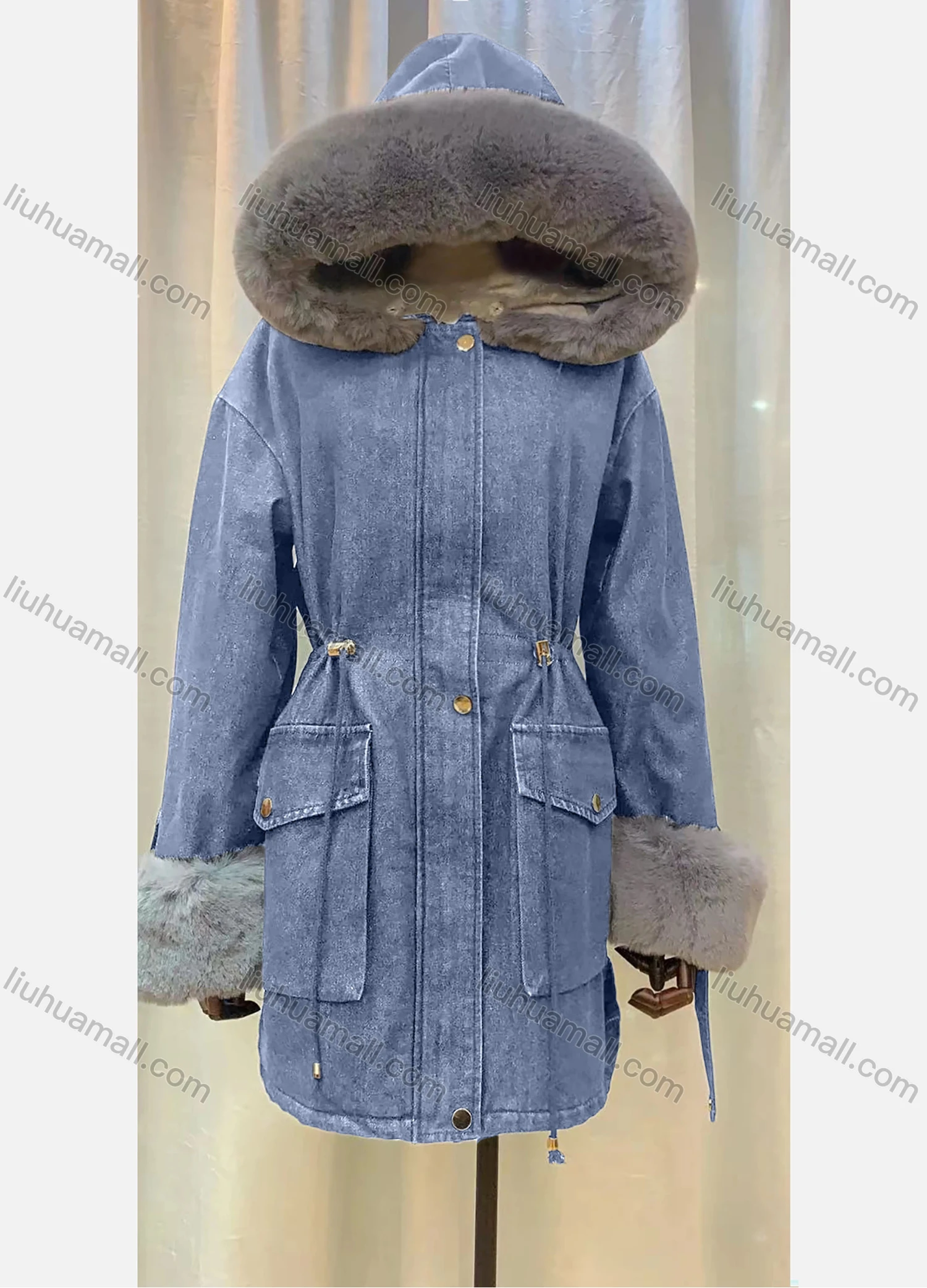 Wholesale Women's Hooded Fleece Lined Buttons Drawstring Flap Pockets Mid Length Denim Coat - Liuhuamall