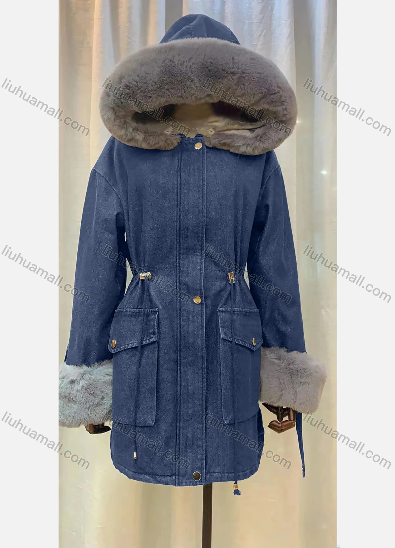 Wholesale Women's Hooded Fleece Lined Buttons Drawstring Flap Pockets Mid Length Denim Coat - Liuhuamall