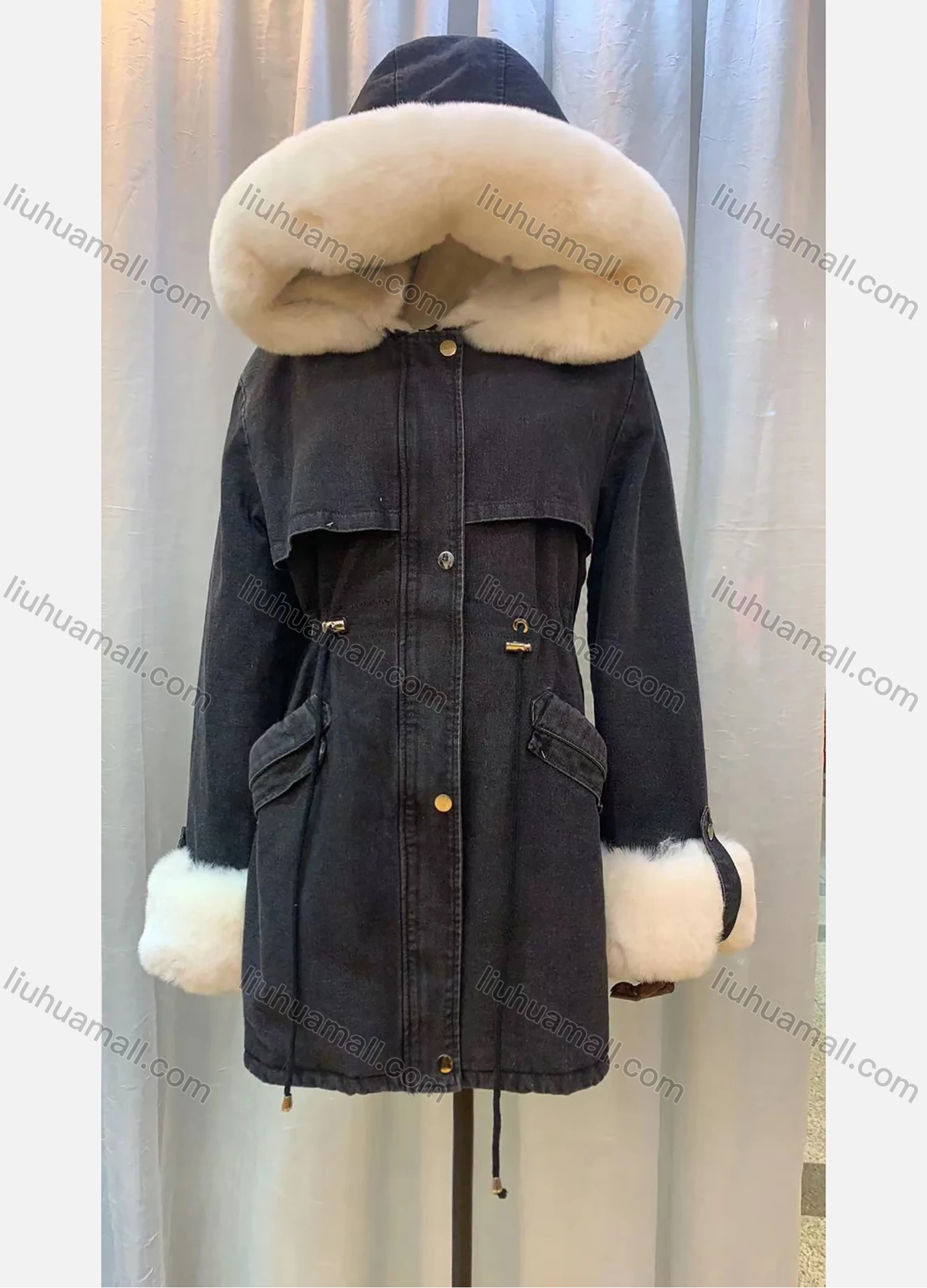 Wholesale Women's Hooded Fleece Lined Flap Pockets Buttons Belted Buckled Cuff Midi Denim Coat - Liuhuamall