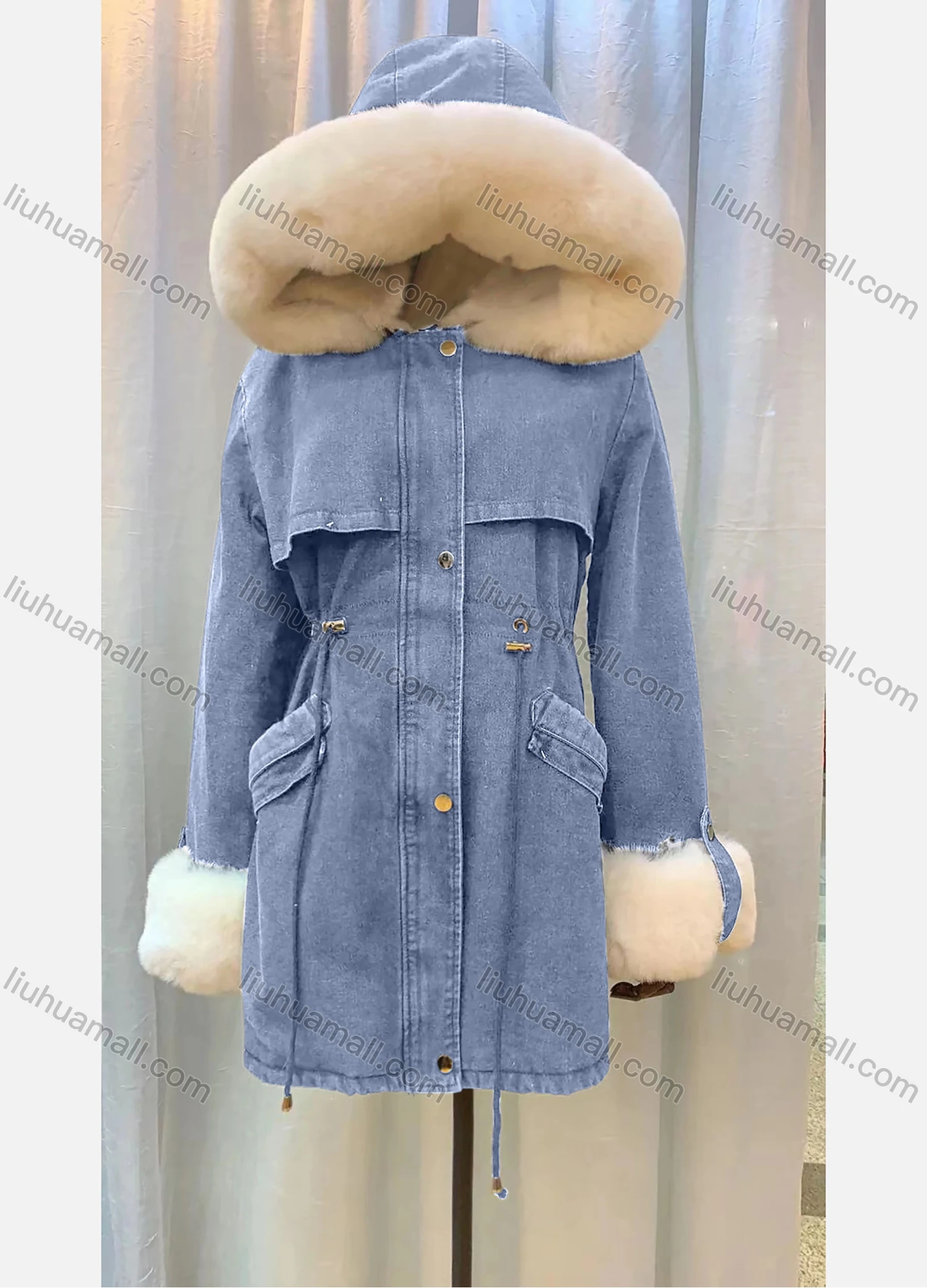 Wholesale Women's Hooded Fleece Lined Flap Pockets Buttons Belted Buckled Cuff Midi Denim Coat - Liuhuamall