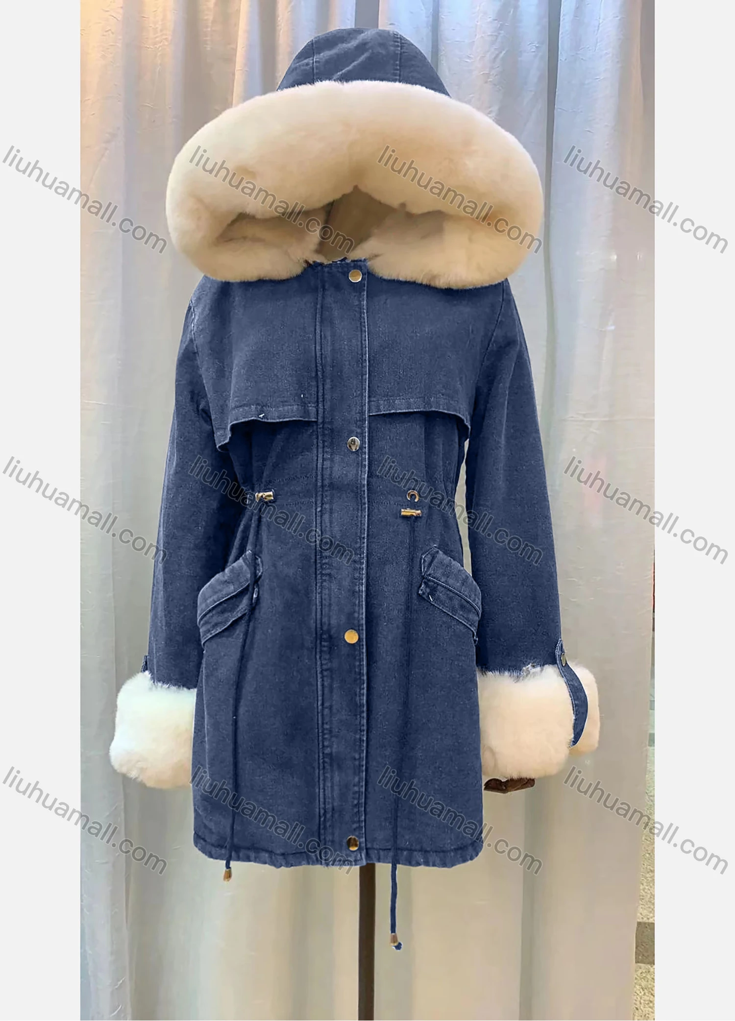 Wholesale Women's Hooded Fleece Lined Flap Pockets Buttons Belted Buckled Cuff Midi Denim Coat - Liuhuamall