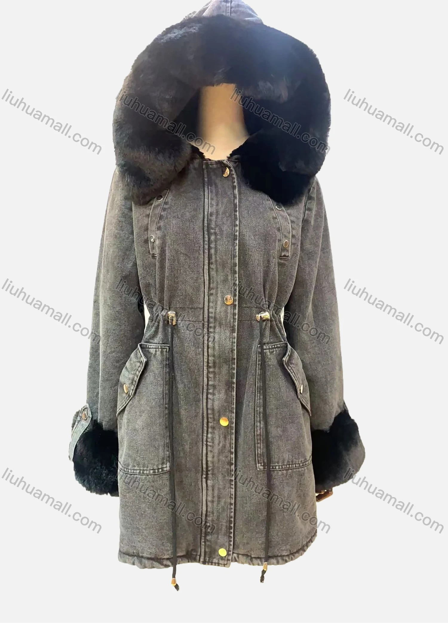 Wholesale Women's Hooded Fuzzy Buttons Drawstring Pockets Buckled Cuff Mid Length Denim Coat - Liuhuamall