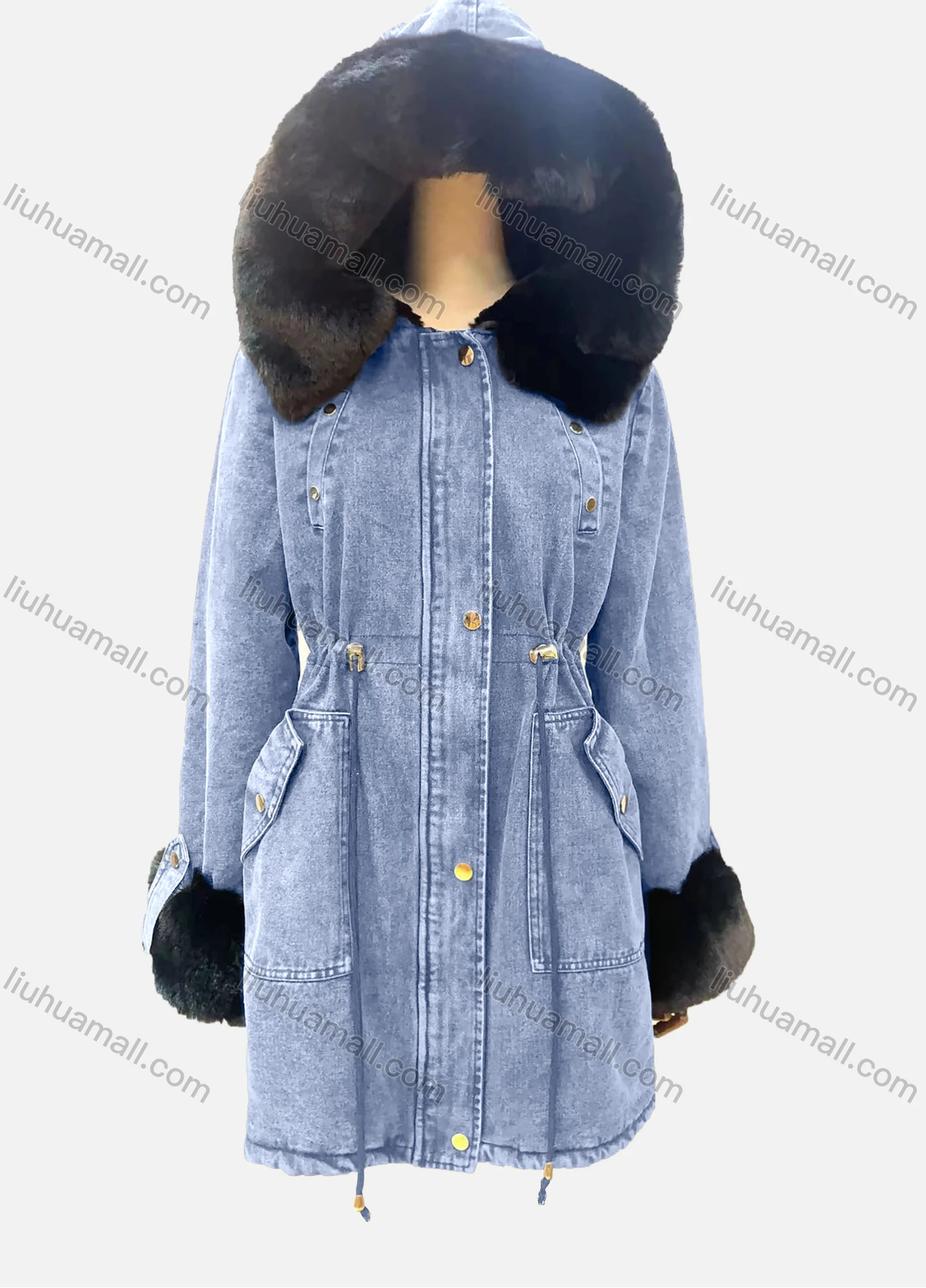 Wholesale Women's Hooded Fuzzy Buttons Drawstring Pockets Buckled Cuff Mid Length Denim Coat - Liuhuamall