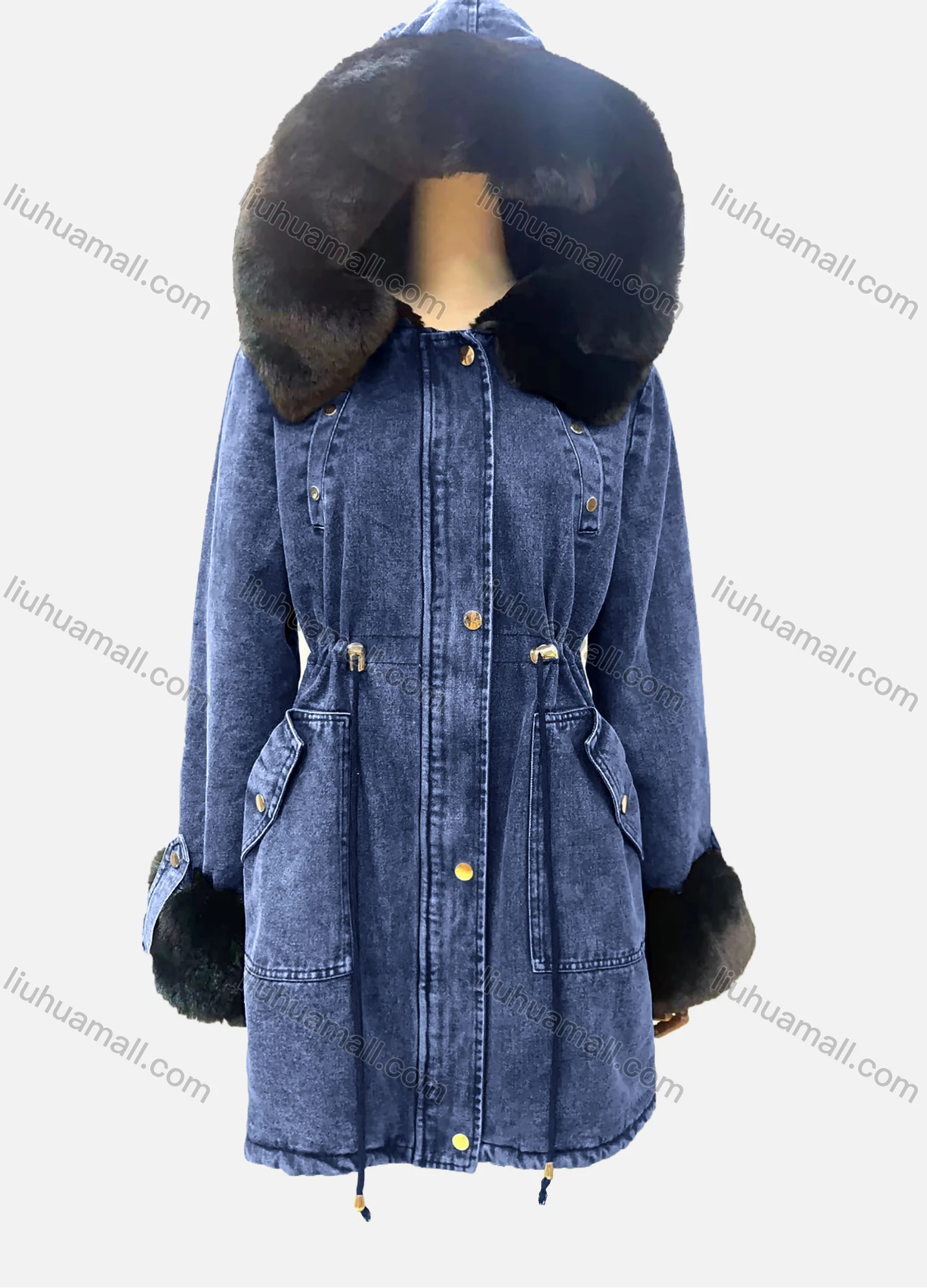 Wholesale Women's Hooded Fuzzy Buttons Drawstring Pockets Buckled Cuff Mid Length Denim Coat - Liuhuamall