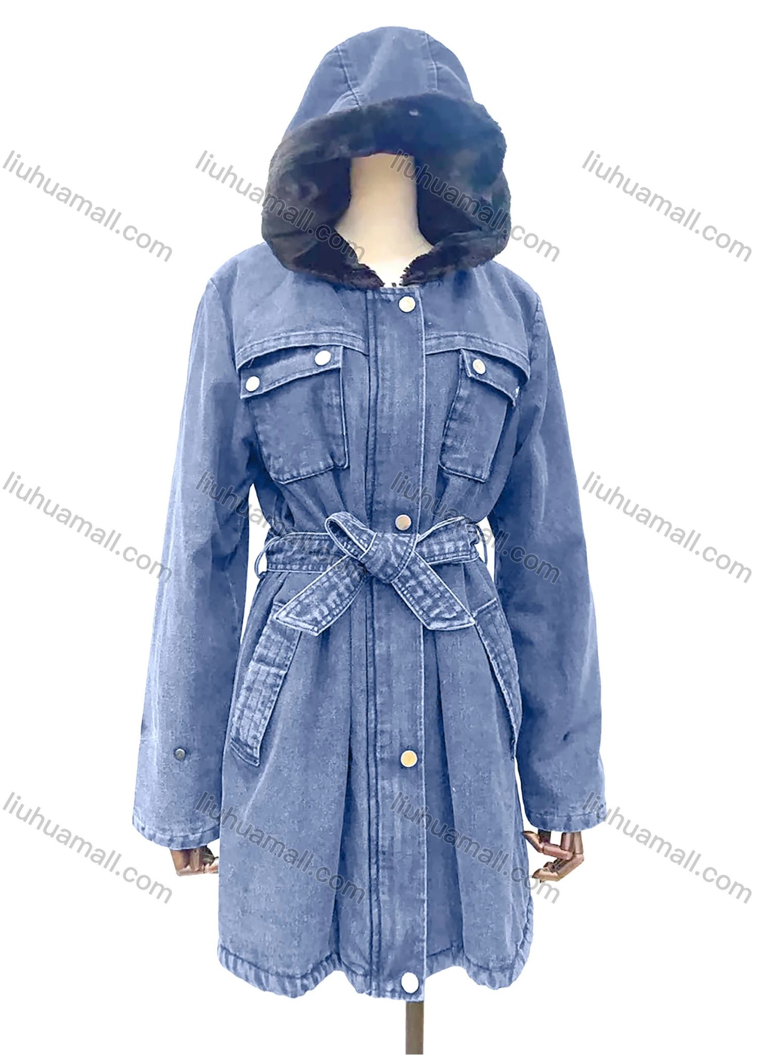 Wholesale Women's Hooded Fuzzy Buttons Flap Pockets Belted Mid Length Denim Coat - Liuhuamall