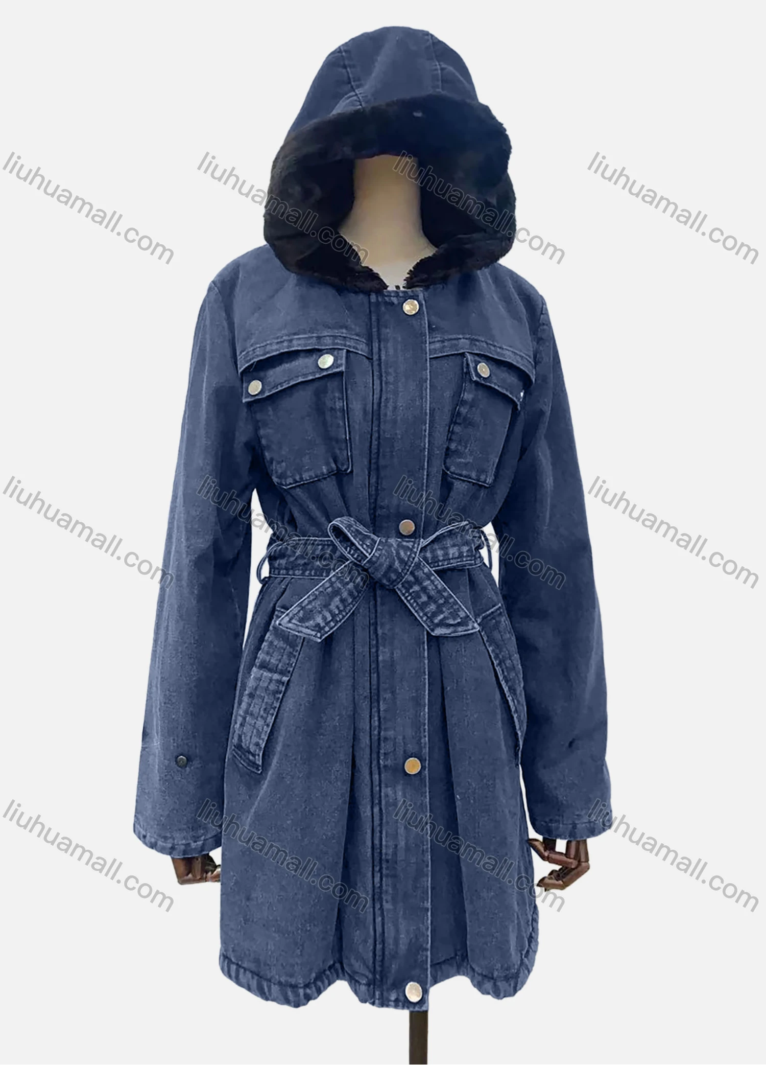 Wholesale Women's Hooded Fuzzy Buttons Flap Pockets Belted Mid Length Denim Coat - Liuhuamall