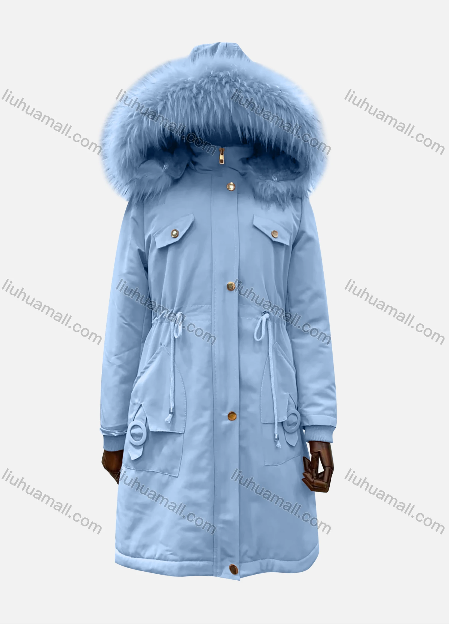 Wholesale Women's Hooded Fuzzy Faux Fur Collar Zipper Buttons Drawstring Pockets Mid Length Coat - Liuhuamall