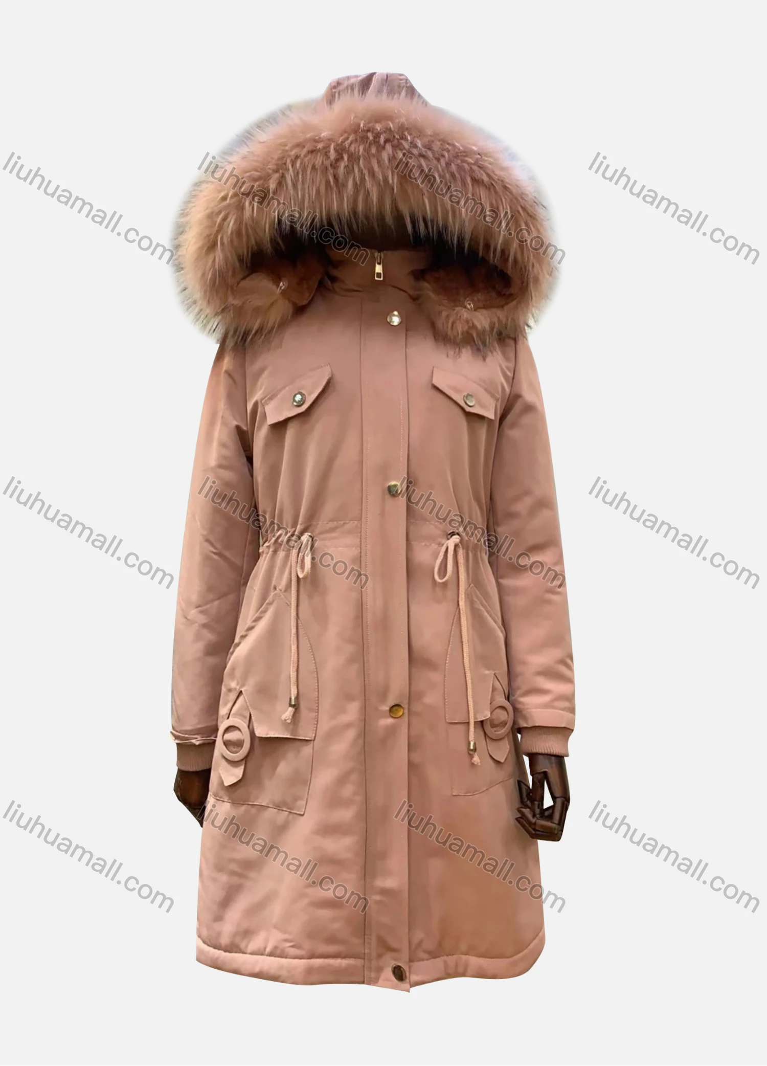 Wholesale Women's Hooded Fuzzy Faux Fur Collar Zipper Buttons Drawstring Pockets Mid Length Coat - Liuhuamall