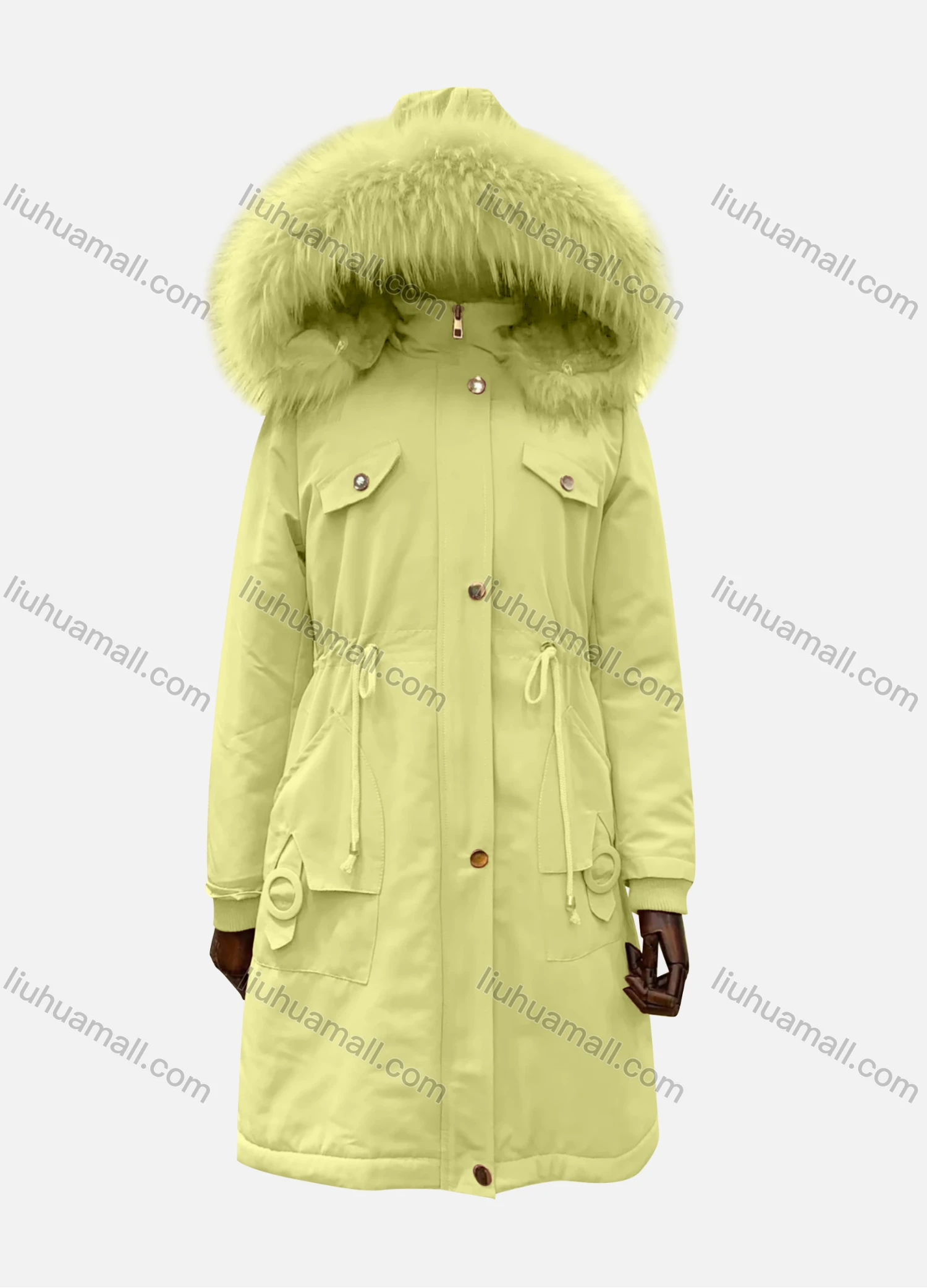 Wholesale Women's Hooded Fuzzy Faux Fur Collar Zipper Buttons Drawstring Pockets Mid Length Coat - Liuhuamall