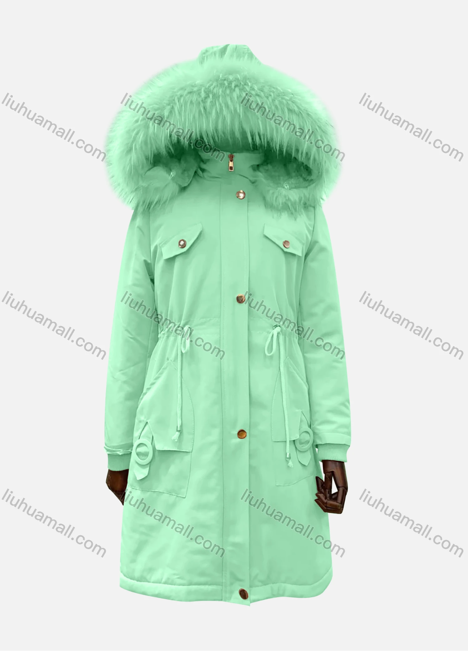Wholesale Women's Hooded Fuzzy Faux Fur Collar Zipper Buttons Drawstring Pockets Mid Length Coat - Liuhuamall