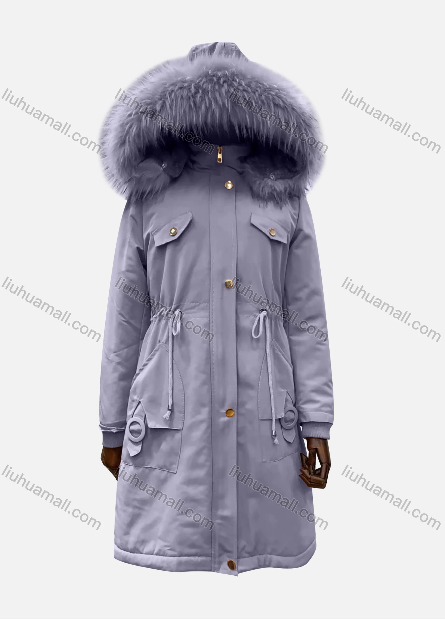 Wholesale Women's Hooded Fuzzy Faux Fur Collar Zipper Buttons Drawstring Pockets Mid Length Coat - Liuhuamall