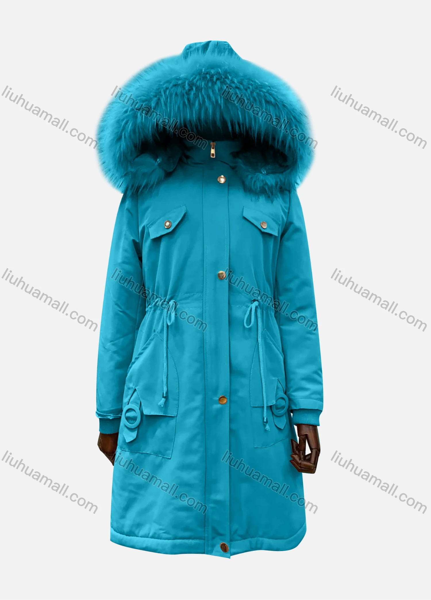 Wholesale Women's Hooded Fuzzy Faux Fur Collar Zipper Buttons Drawstring Pockets Mid Length Coat - Liuhuamall