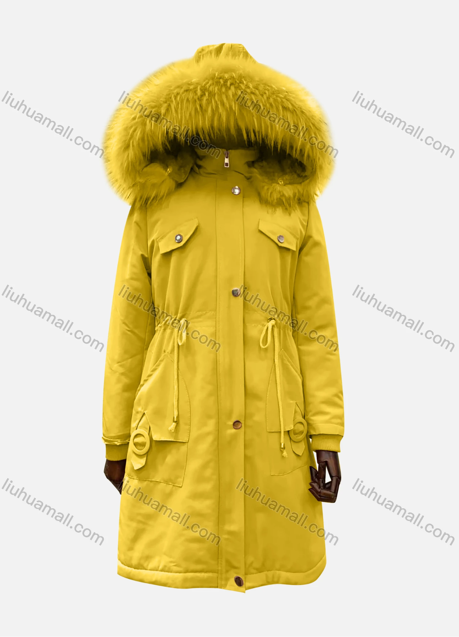 Wholesale Women's Hooded Fuzzy Faux Fur Collar Zipper Buttons Drawstring Pockets Mid Length Coat - Liuhuamall