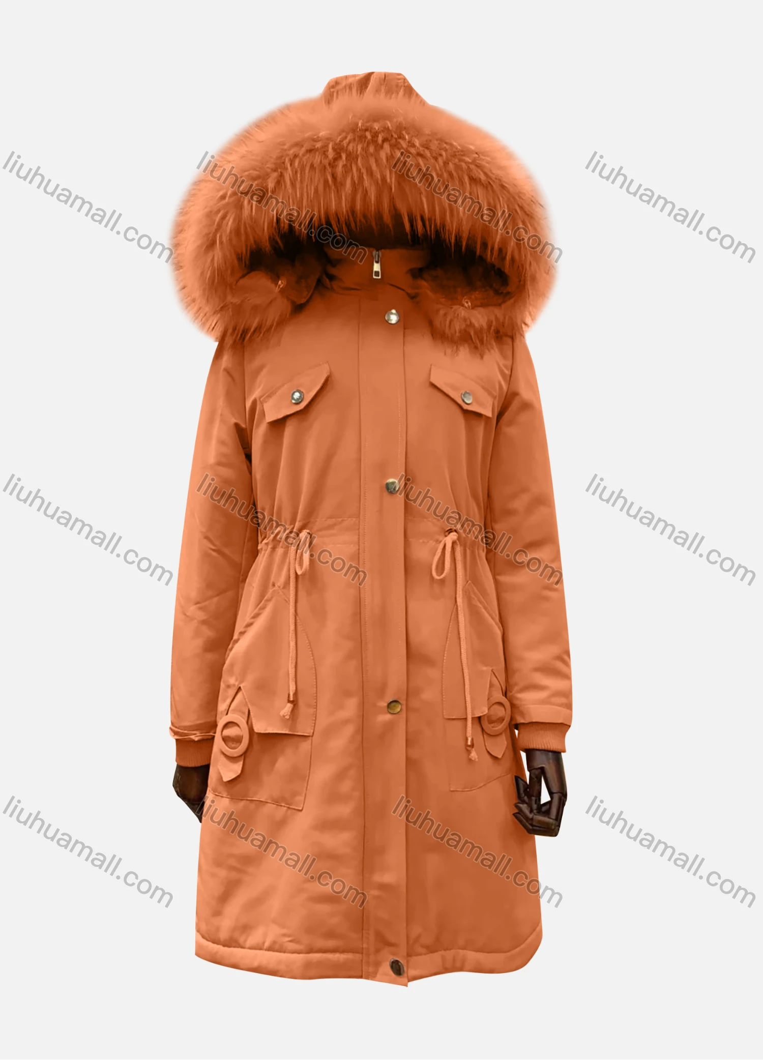 Wholesale Women's Hooded Fuzzy Faux Fur Collar Zipper Buttons Drawstring Pockets Mid Length Coat - Liuhuamall