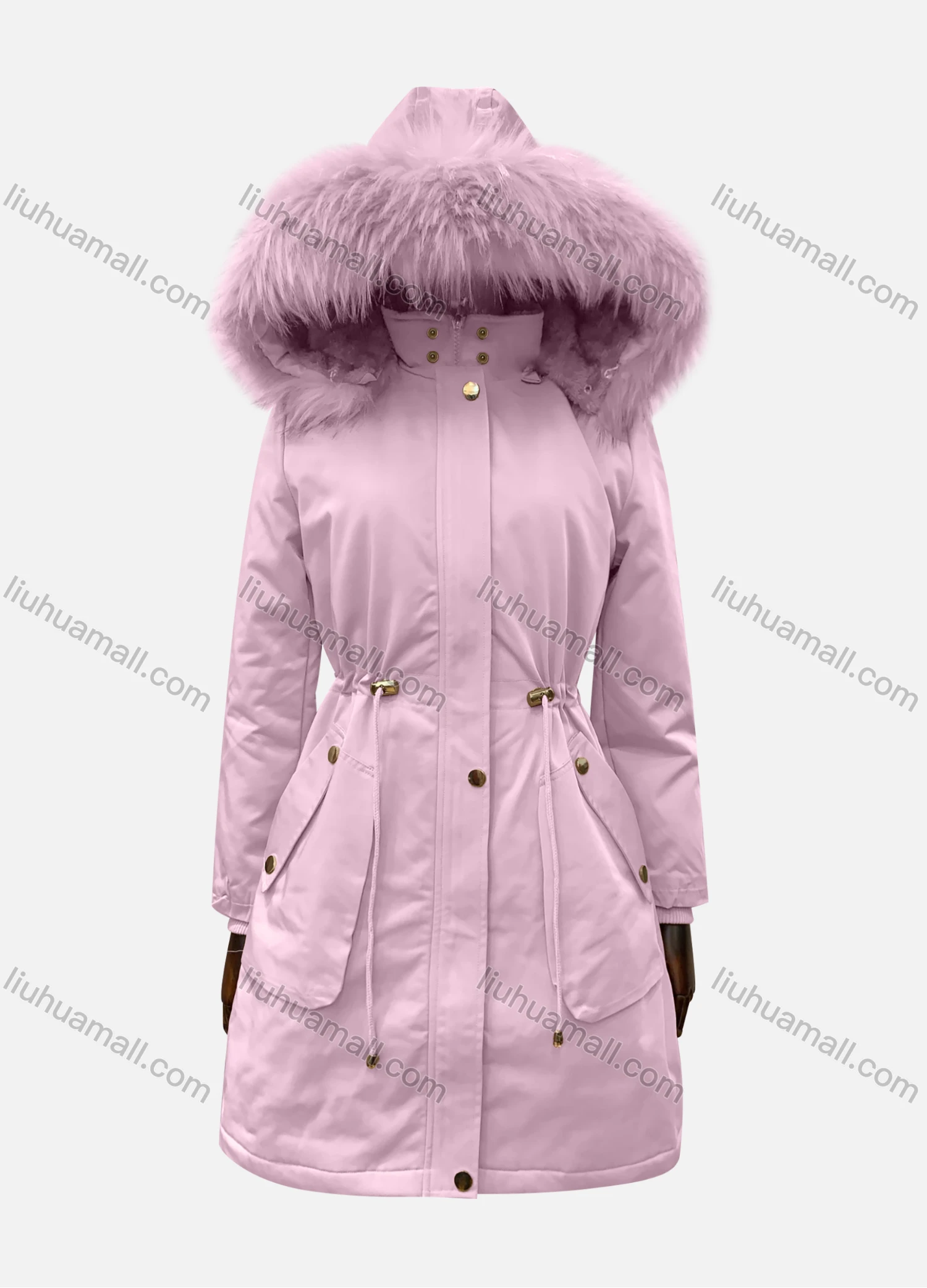 Wholesale Women's Hooded Fuzzy Faux Fur Collar Zipper Buttons Drawstring Pockets Mid Length Coat - Liuhuamall