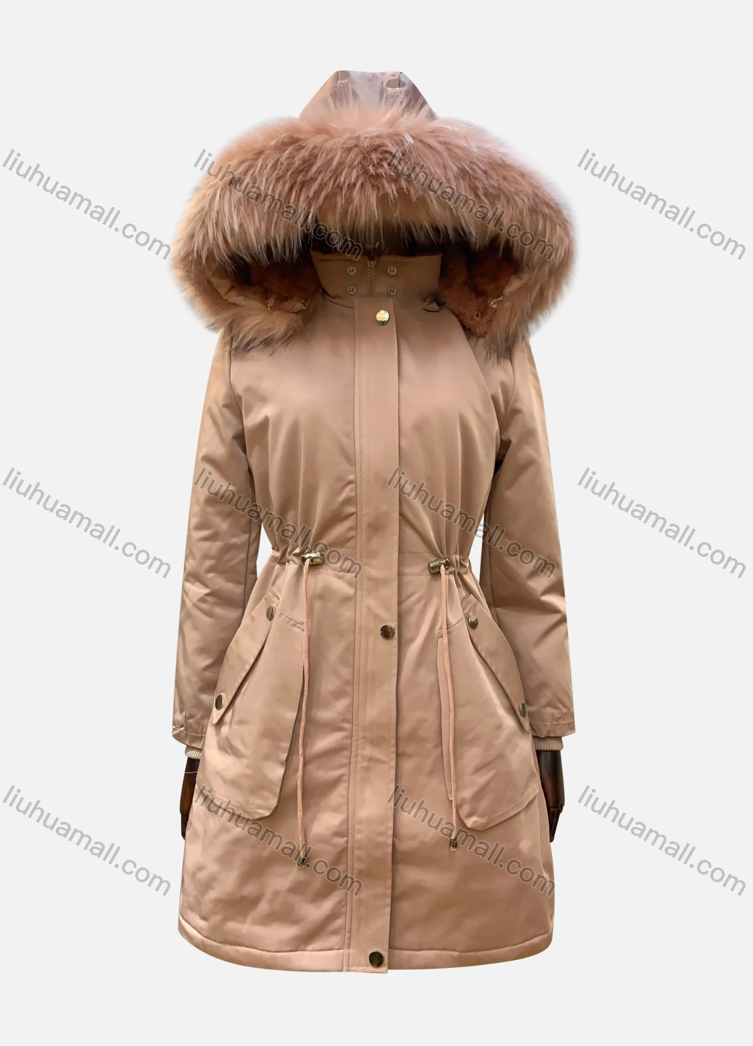 Wholesale Women's Hooded Fuzzy Faux Fur Collar Zipper Buttons Drawstring Pockets Mid Length Coat - Liuhuamall