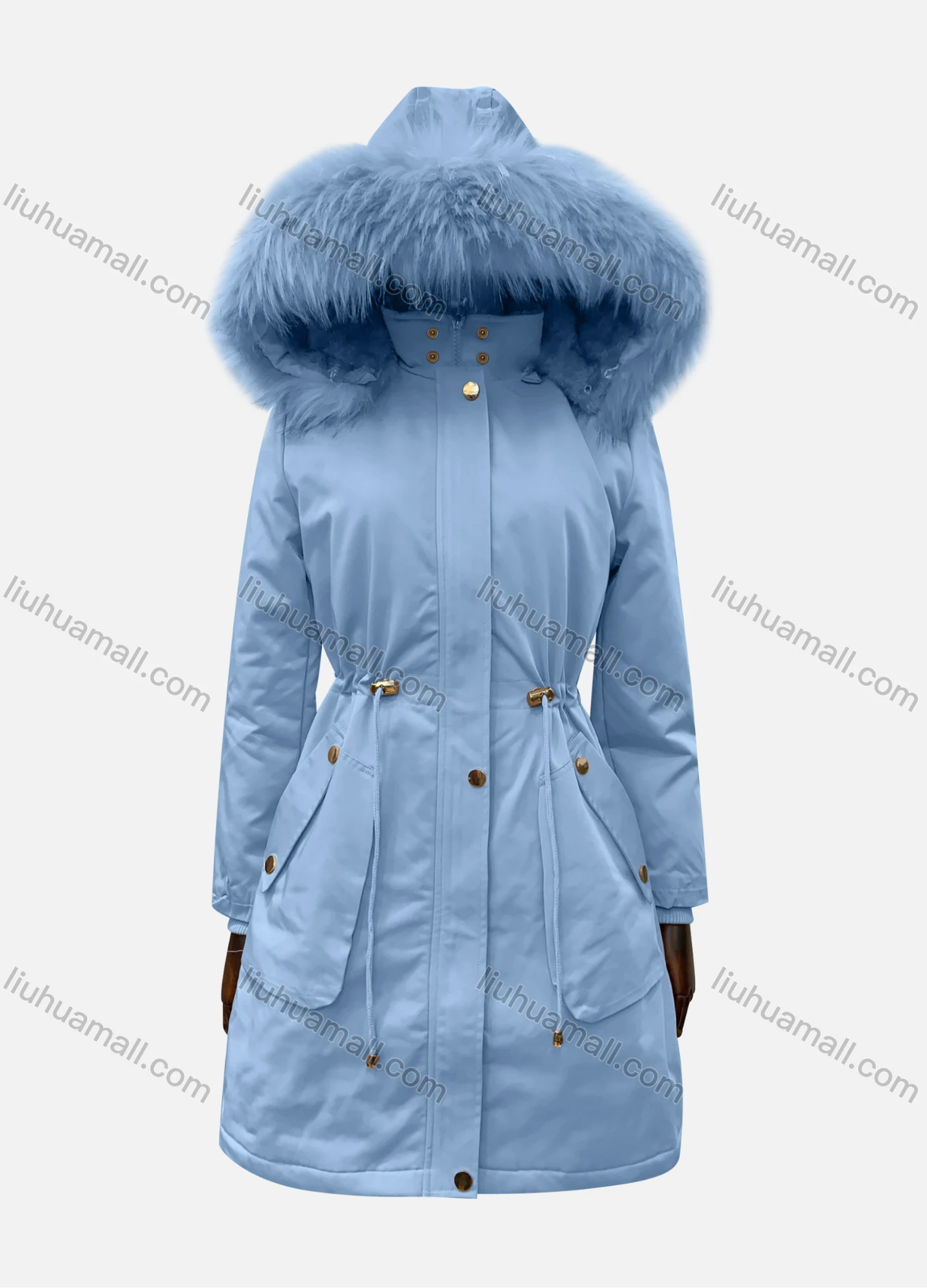 Wholesale Women's Hooded Fuzzy Faux Fur Collar Zipper Buttons Drawstring Pockets Mid Length Coat - Liuhuamall
