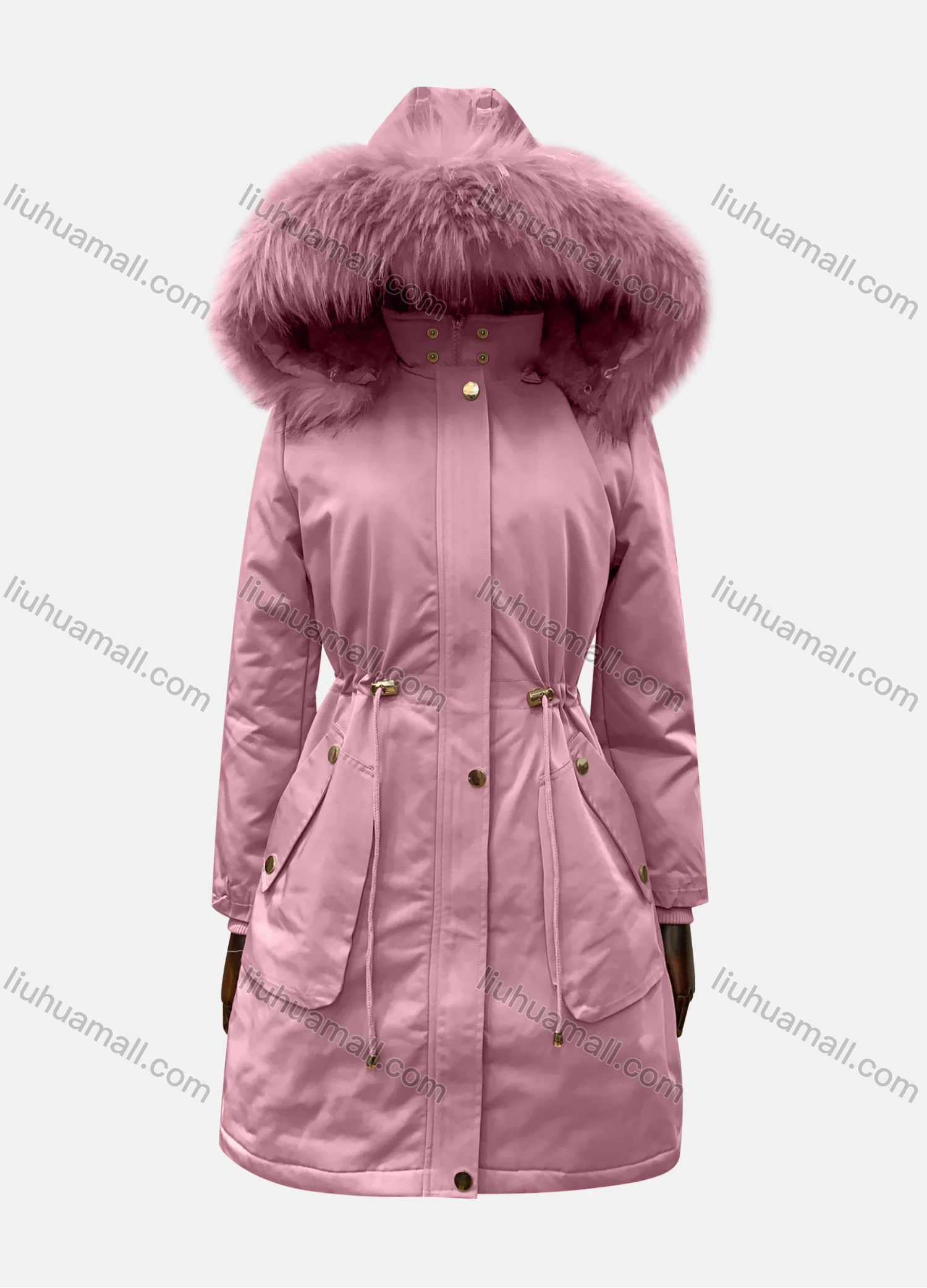 Wholesale Women's Hooded Fuzzy Faux Fur Collar Zipper Buttons Drawstring Pockets Mid Length Coat - Liuhuamall