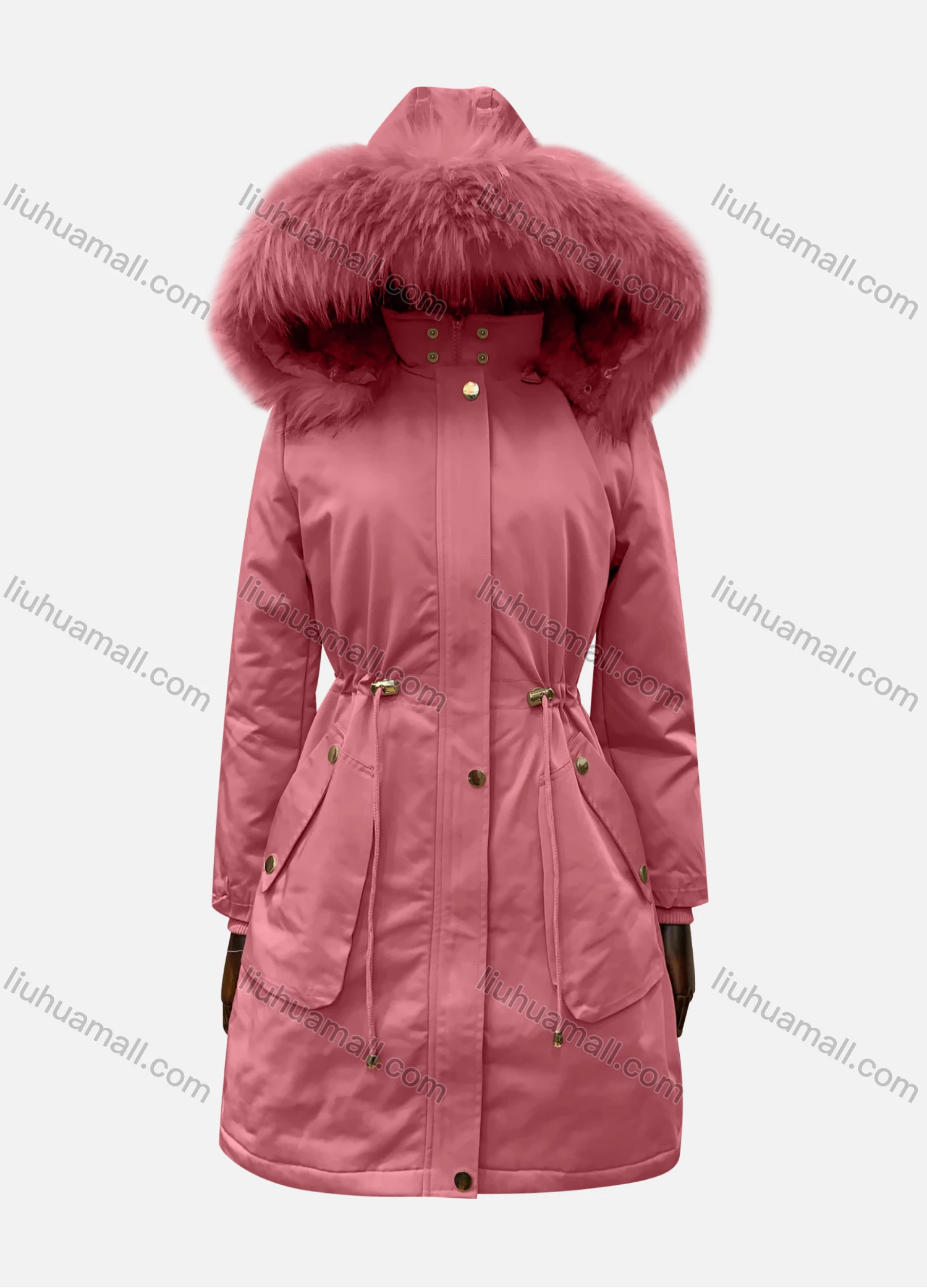 Wholesale Women's Hooded Fuzzy Faux Fur Collar Zipper Buttons Drawstring Pockets Mid Length Coat - Liuhuamall