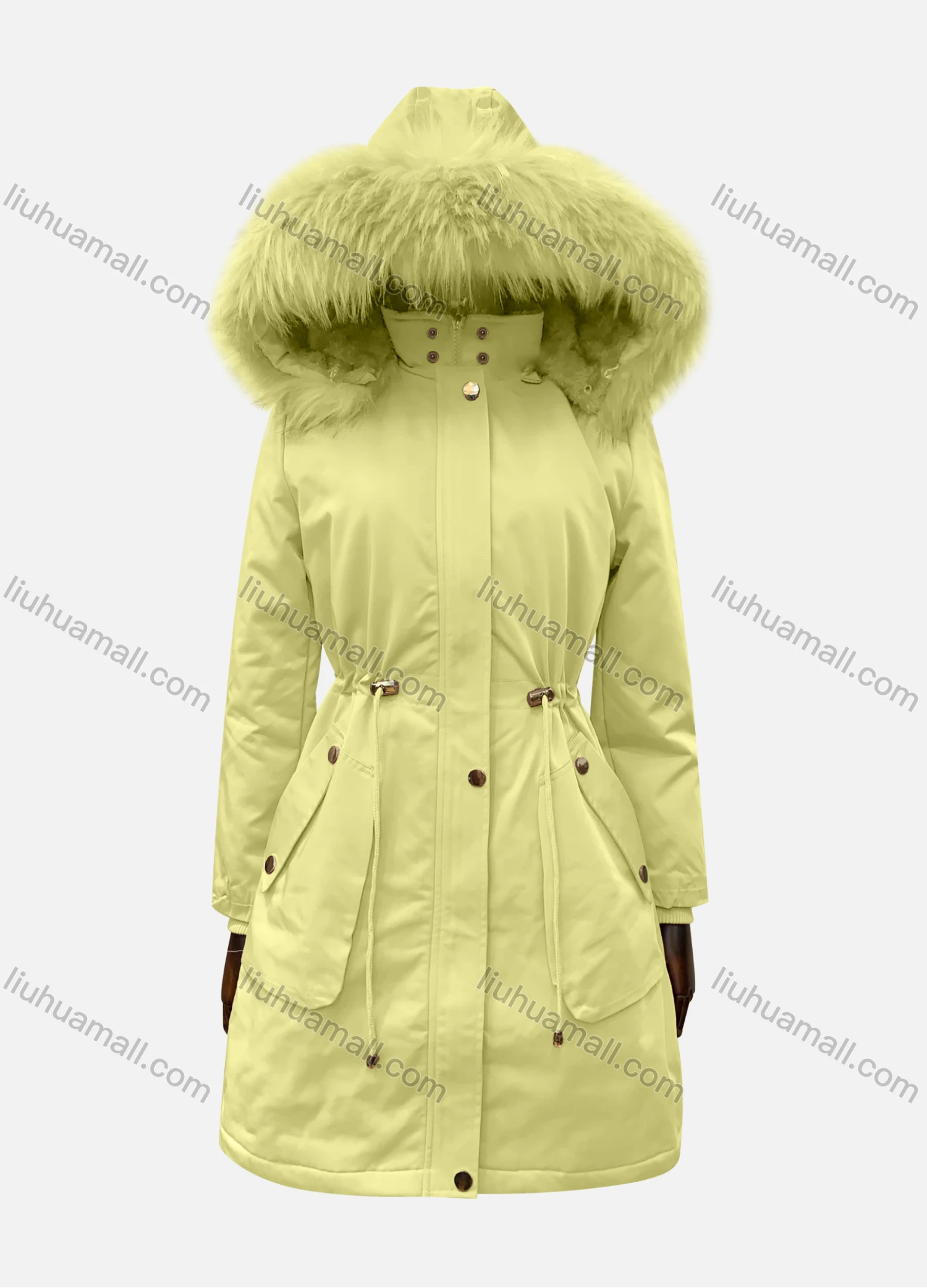 Wholesale Women's Hooded Fuzzy Faux Fur Collar Zipper Buttons Drawstring Pockets Mid Length Coat - Liuhuamall
