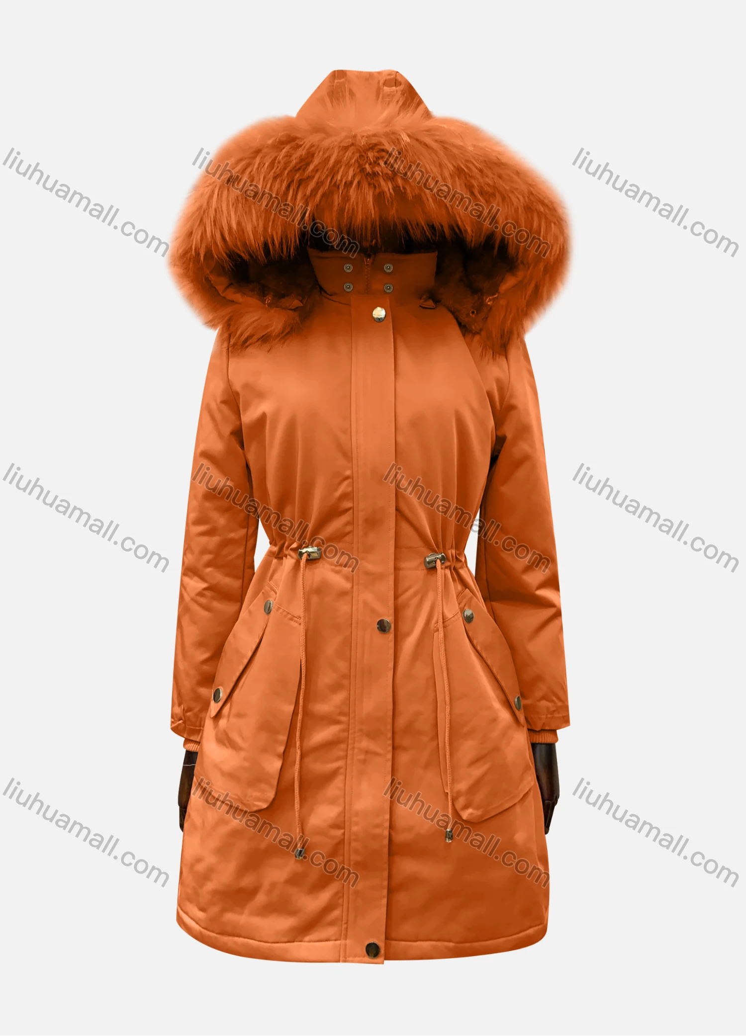 Wholesale Women's Hooded Fuzzy Faux Fur Collar Zipper Buttons Drawstring Pockets Mid Length Coat - Liuhuamall
